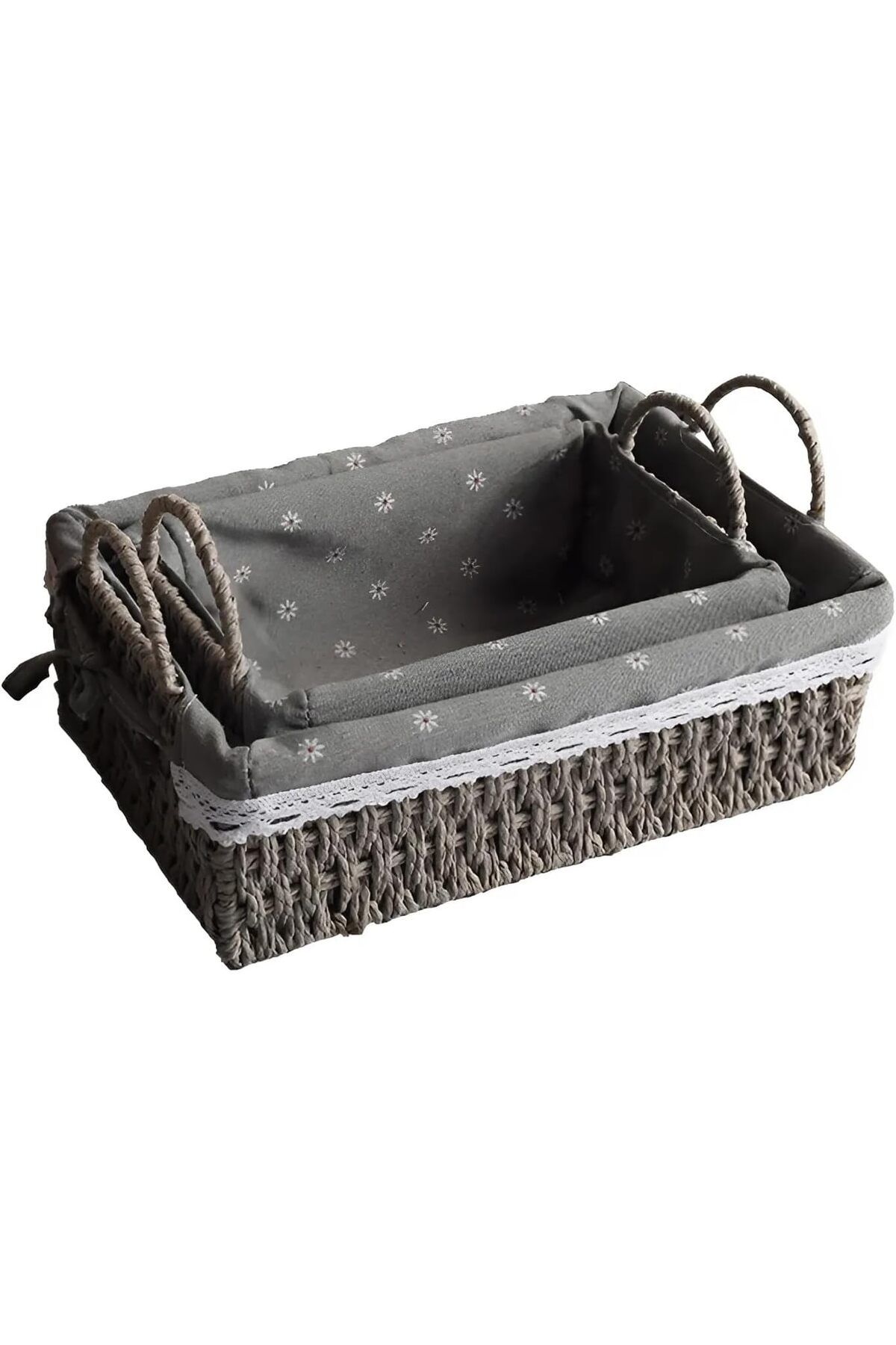 Cozy Nest-Set of 2 Handwoven Storage Baskets with Handles Rectangular Woven Bins with Removable Fabric Liners 6