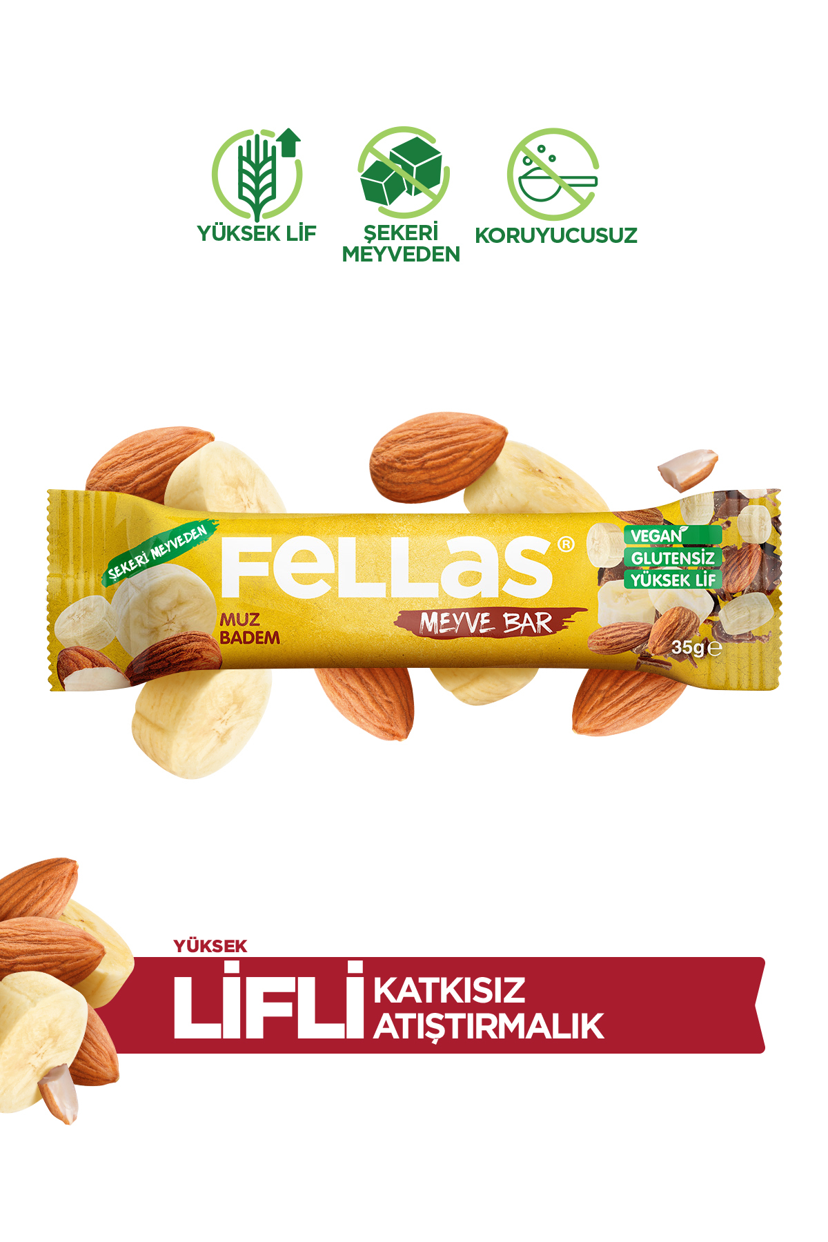 Fellas Meyve Bar - Muzlu ve Bademli 35g x 12 Adet