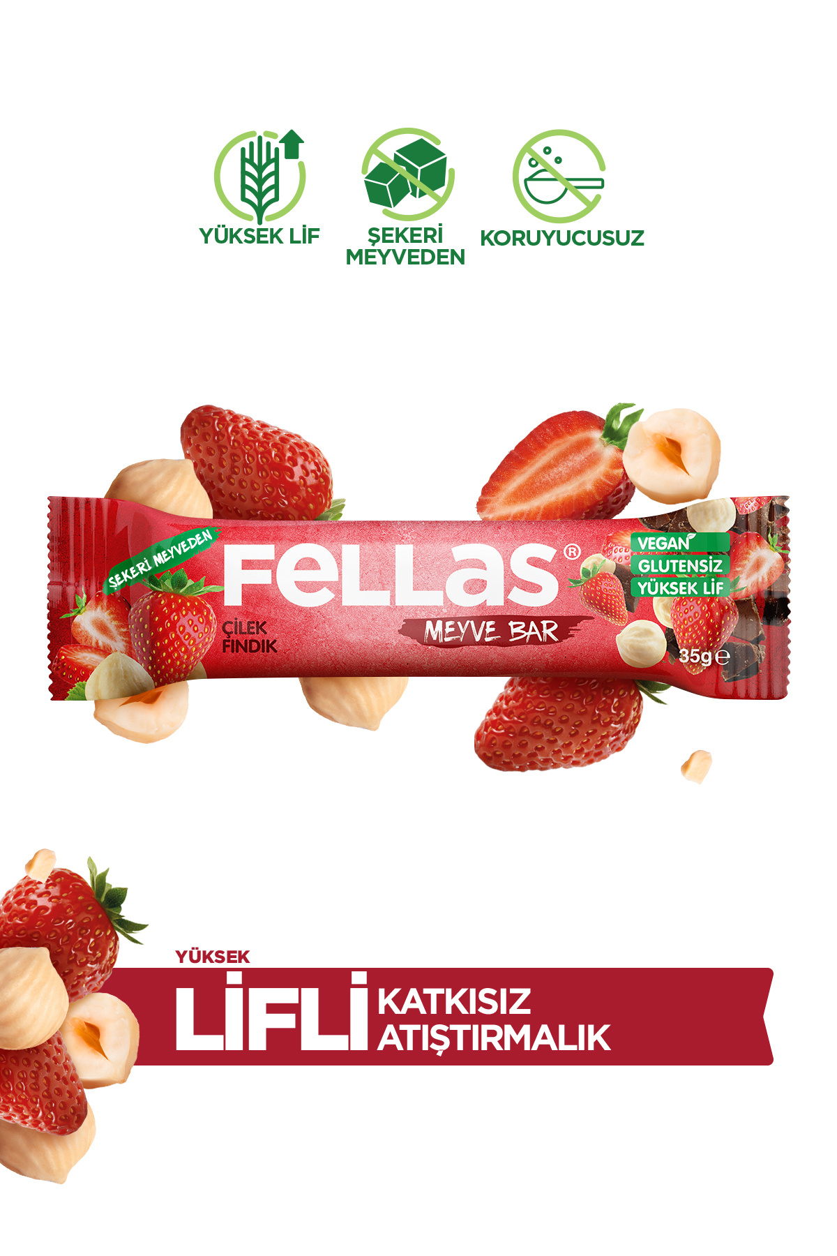Fellas Meyve Bar - Çilekli ve Fındıklı 35g x 12 Adet