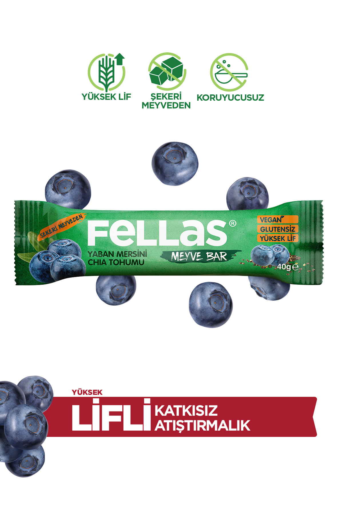 Fellas Meyve Bar - Chialı ve Yaban Mersinli 40 gr x 12 Adet