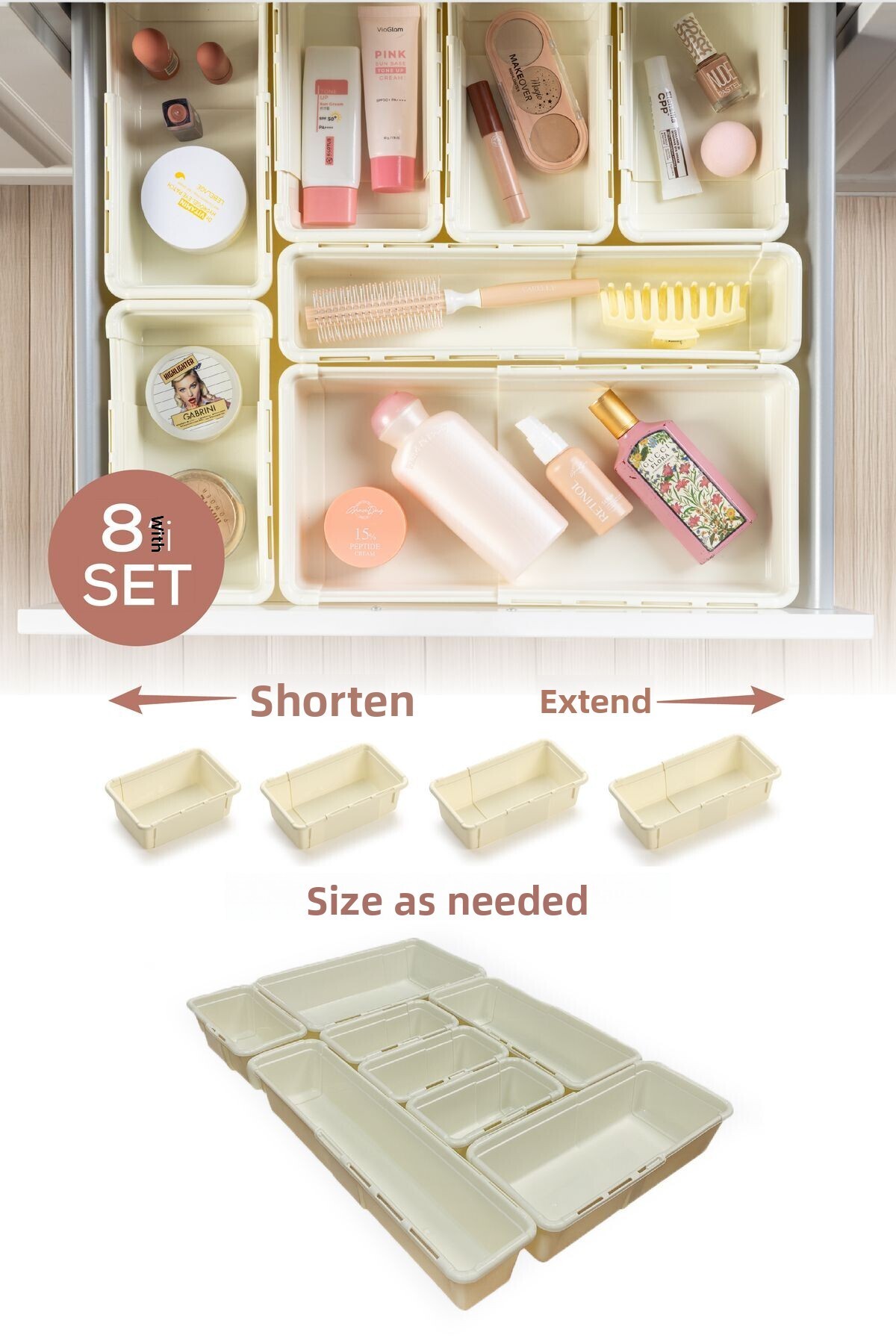 Vienev-Set of 8 Adjustable Drawer Organizer Boxes – Extendable and Shortenable Organizer Set (4A2B1C1D) 1