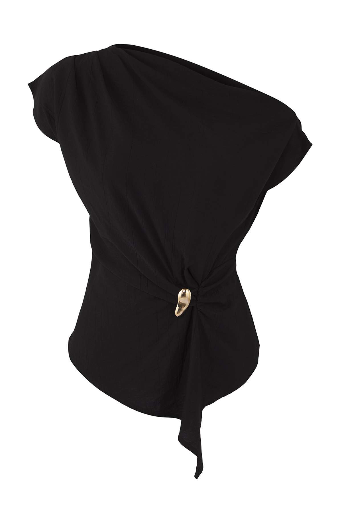 Trendyolmilla  Siyah Kayık Yaka Fitted Toka Detaylı Dokuma Bluz TWOAW26BZ00058 - Görsel 5