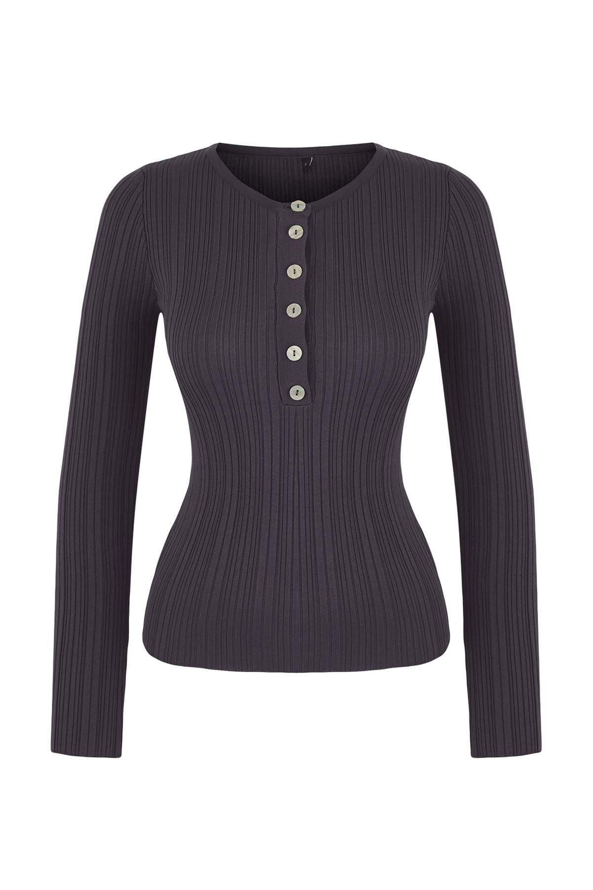 Trendyolmilla  Wardrobe Essentials Antrasit Fitted/Vücuda Oturan Fitilli Triko Kazak | TWOAW26KZ00083 - Görsel 5