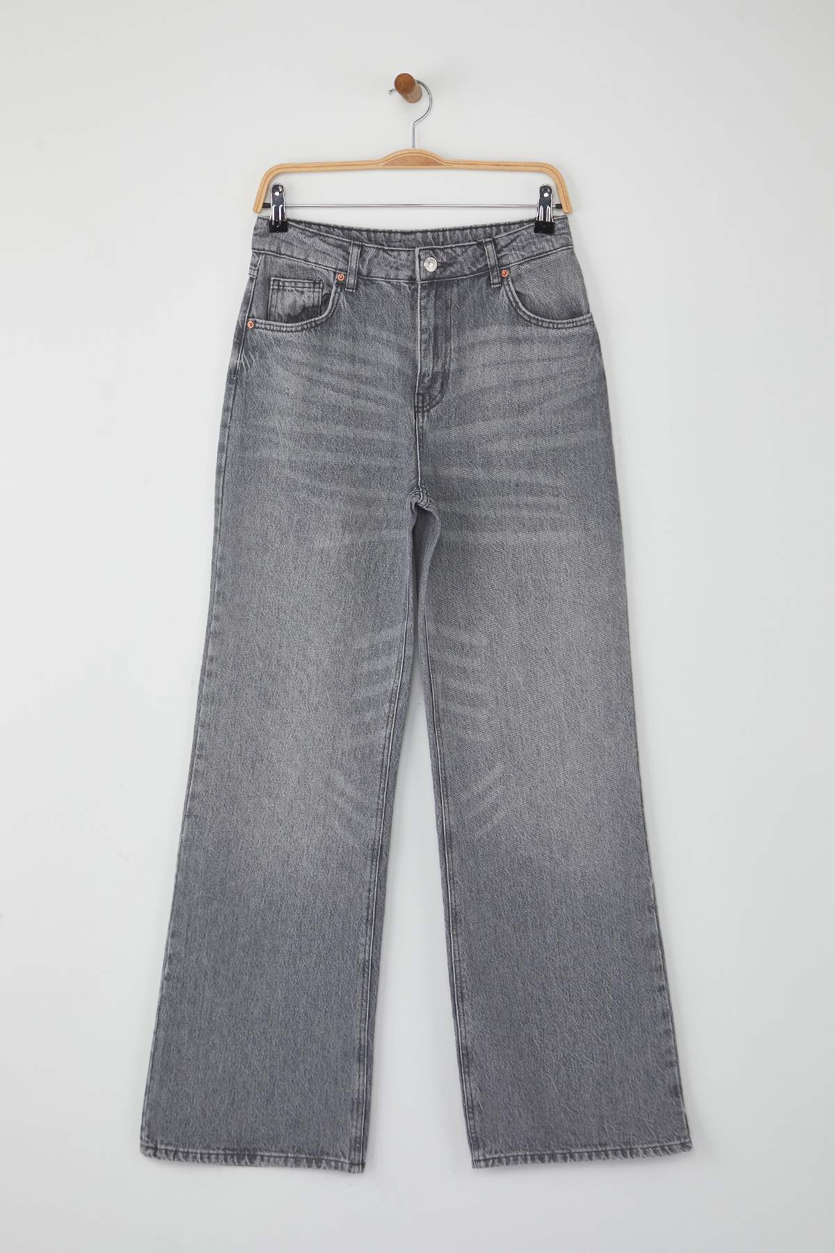 Trendyolmilla  Gri Yüksek Bel Geniş Paça Wide Leg Palazzo %100 Pamuk Non-Stretch Jeans TWOAW26JE00066 - Görsel 5