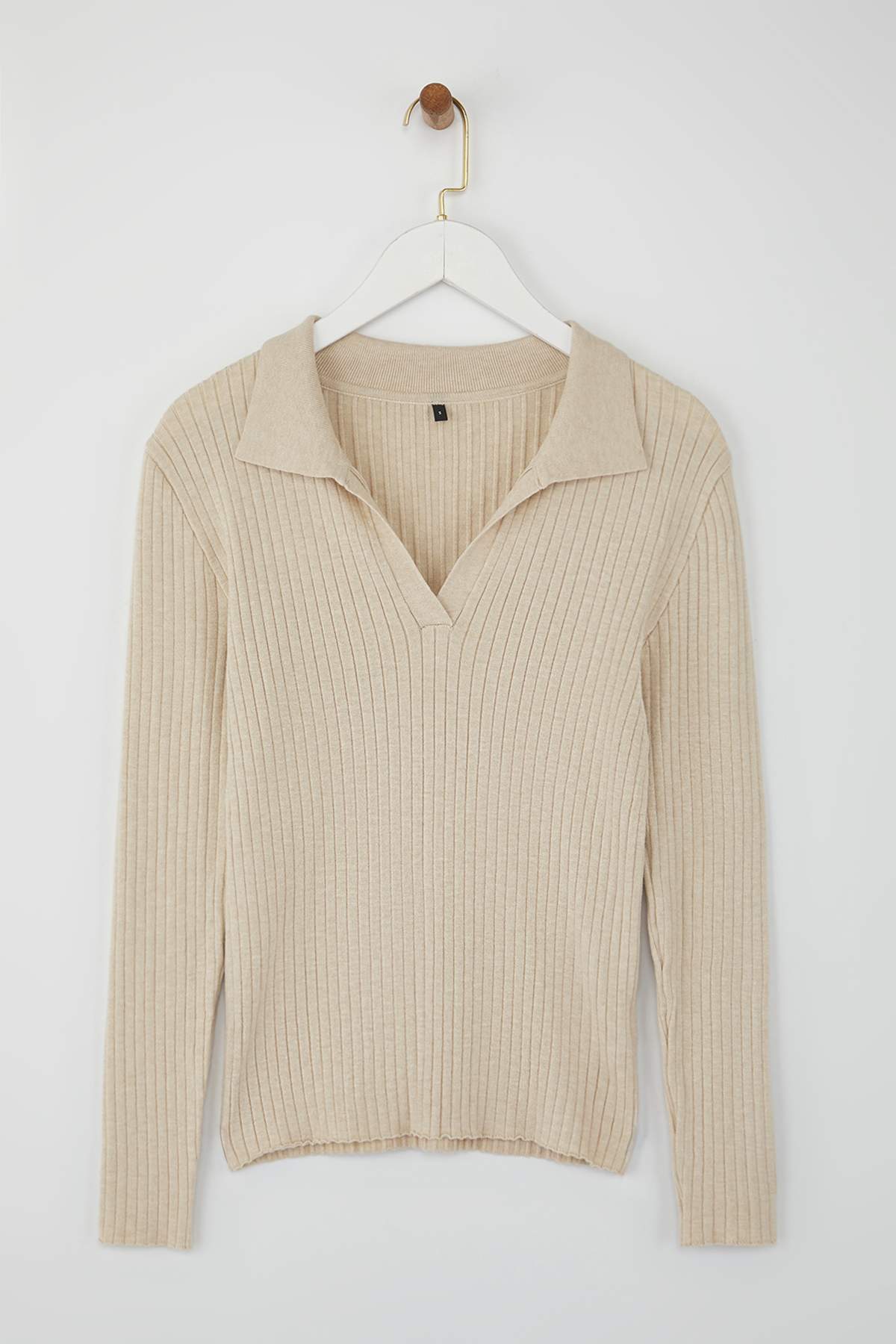 Trendyolmilla  Wardrobe Essentials Taş Premium İplikPolo Yaka Fitilli Triko Kazak | TWOAW26KZ00077 - Görsel 5