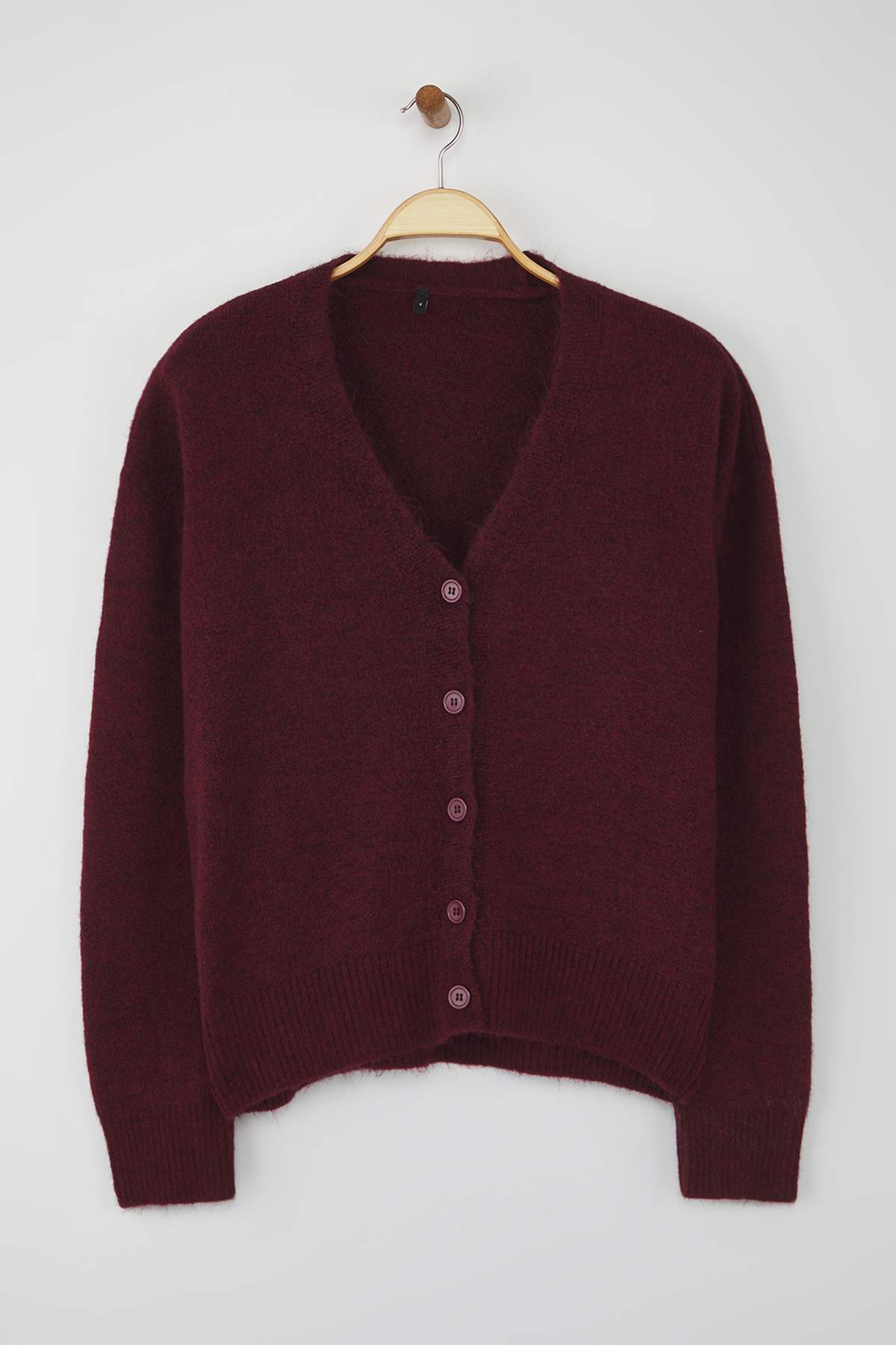 Trendyolmilla  Wardrobe Essentials Bordo Yünlü Geniş Kalıp V Yaka Triko Hırka | TWOAW26HI00083 - Görsel 5