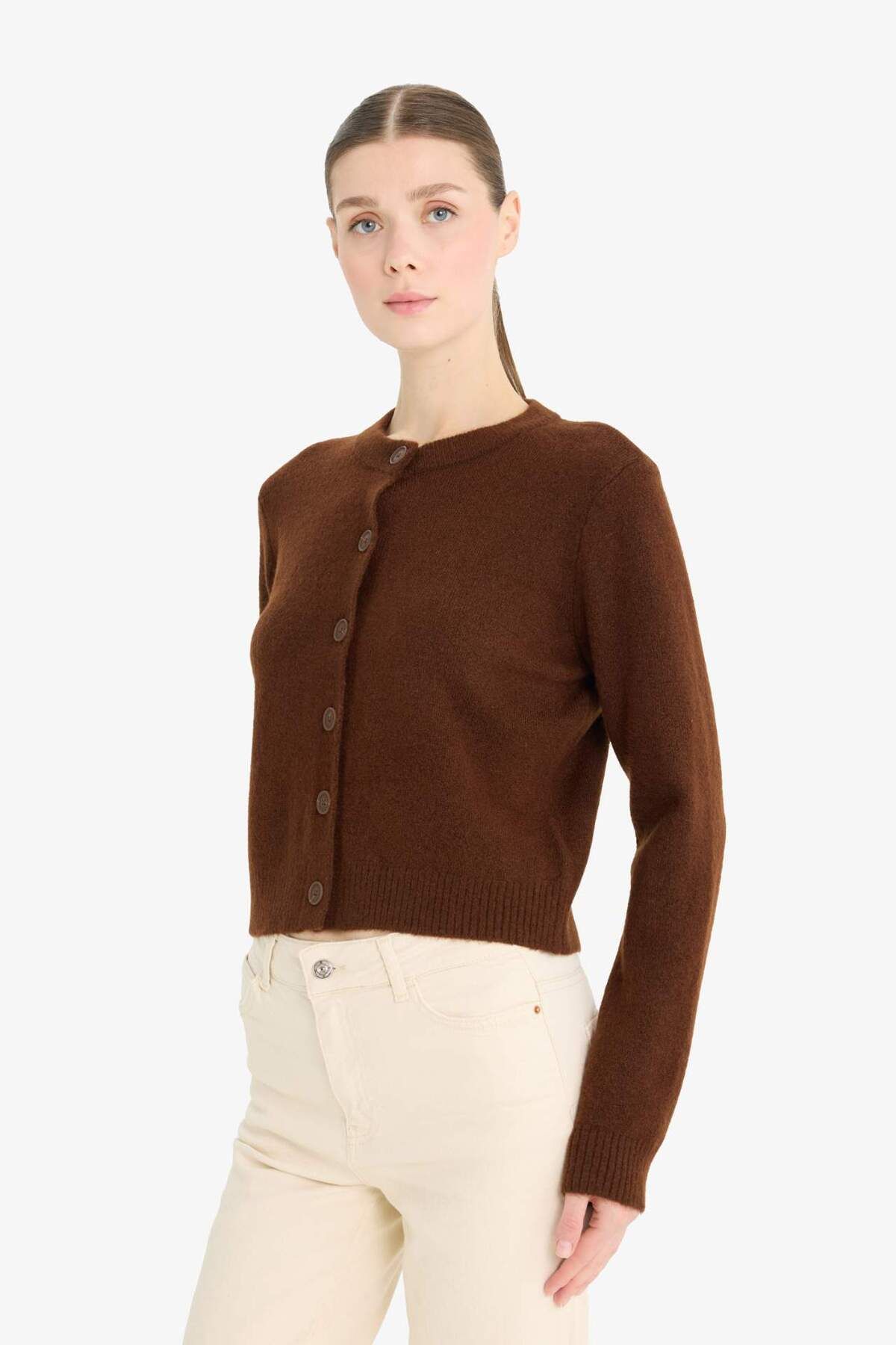 DeFacto-Regular Fit Crew Neck Basic Plain Button Soft Touch Soft Knitwear Cardigan E3654Ax25Wn 4