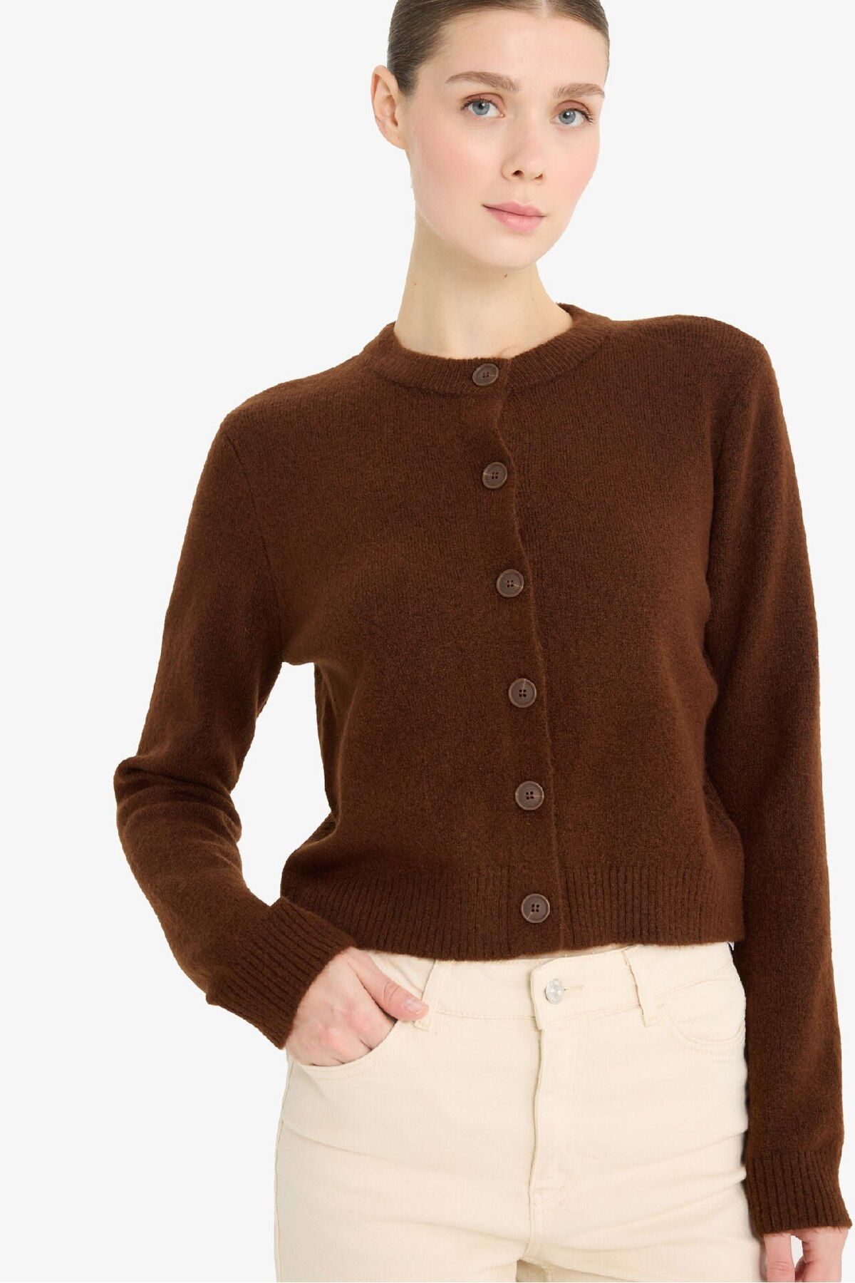 DeFacto-Regular Fit Crew Neck Basic Plain Button Soft Touch Soft Knitwear Cardigan E3654Ax25Wn 3