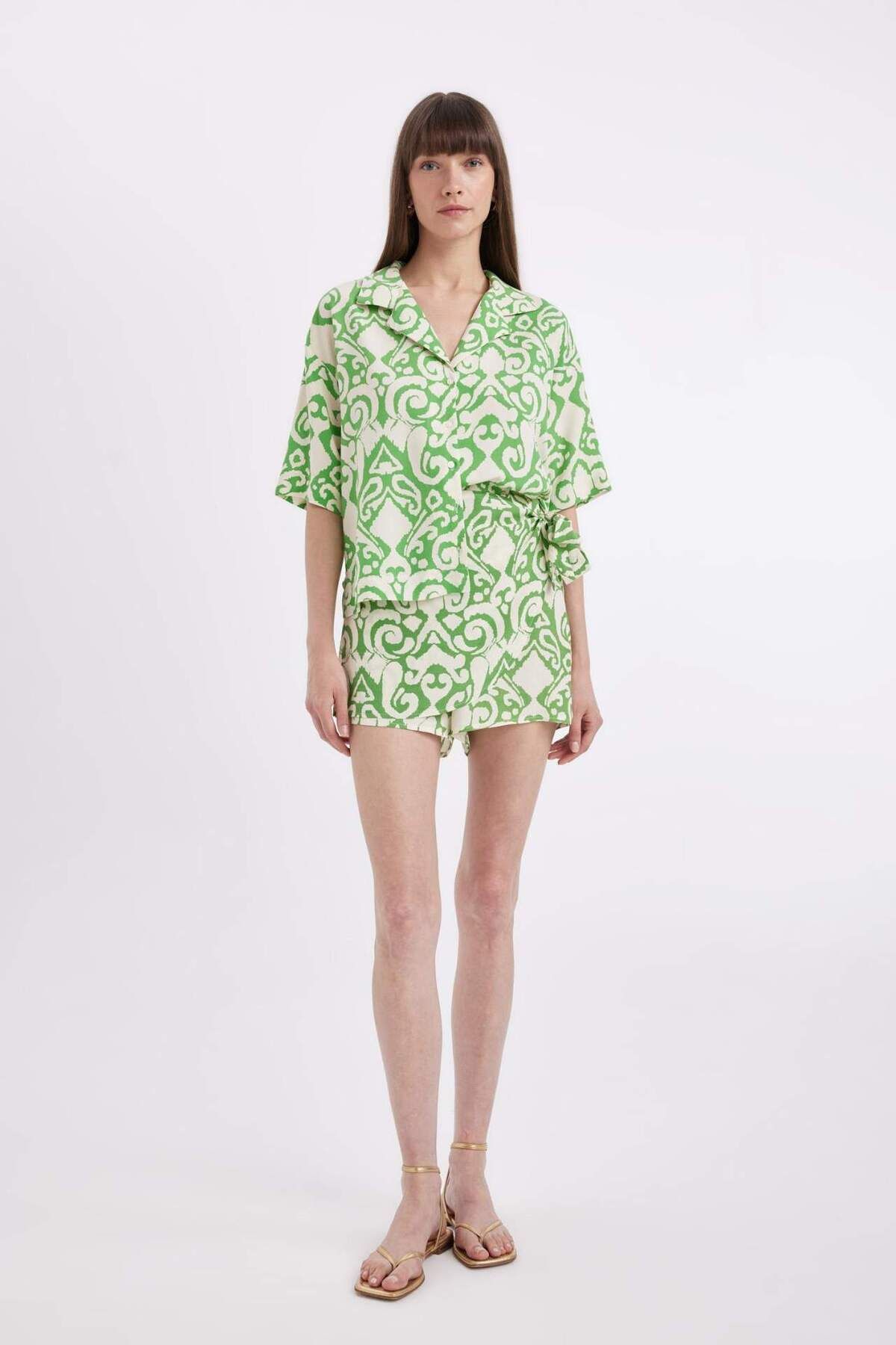 DeFacto-Cămașă cu mânecă scurtă cu guler de pijama cu model Regular Fit C3389AX24SM 2