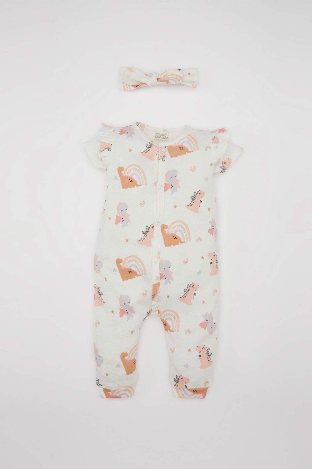 DeFacto-Baby Mädchen Neugeborenes Dinosaurier bedruckt Kurzarm Waffel Overall Bandana 2 Stück Set C9484a524sm 1