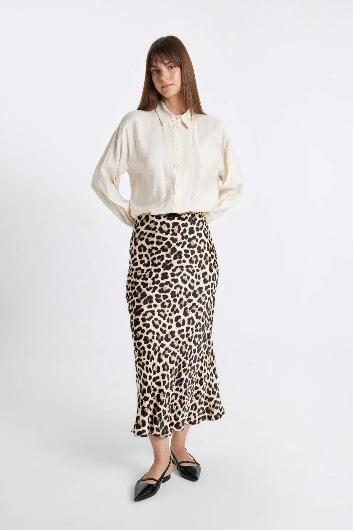 DeFacto-High Waist Leopard Patterned Satin Skirt - Long/Maxi Size D3905Axns 3