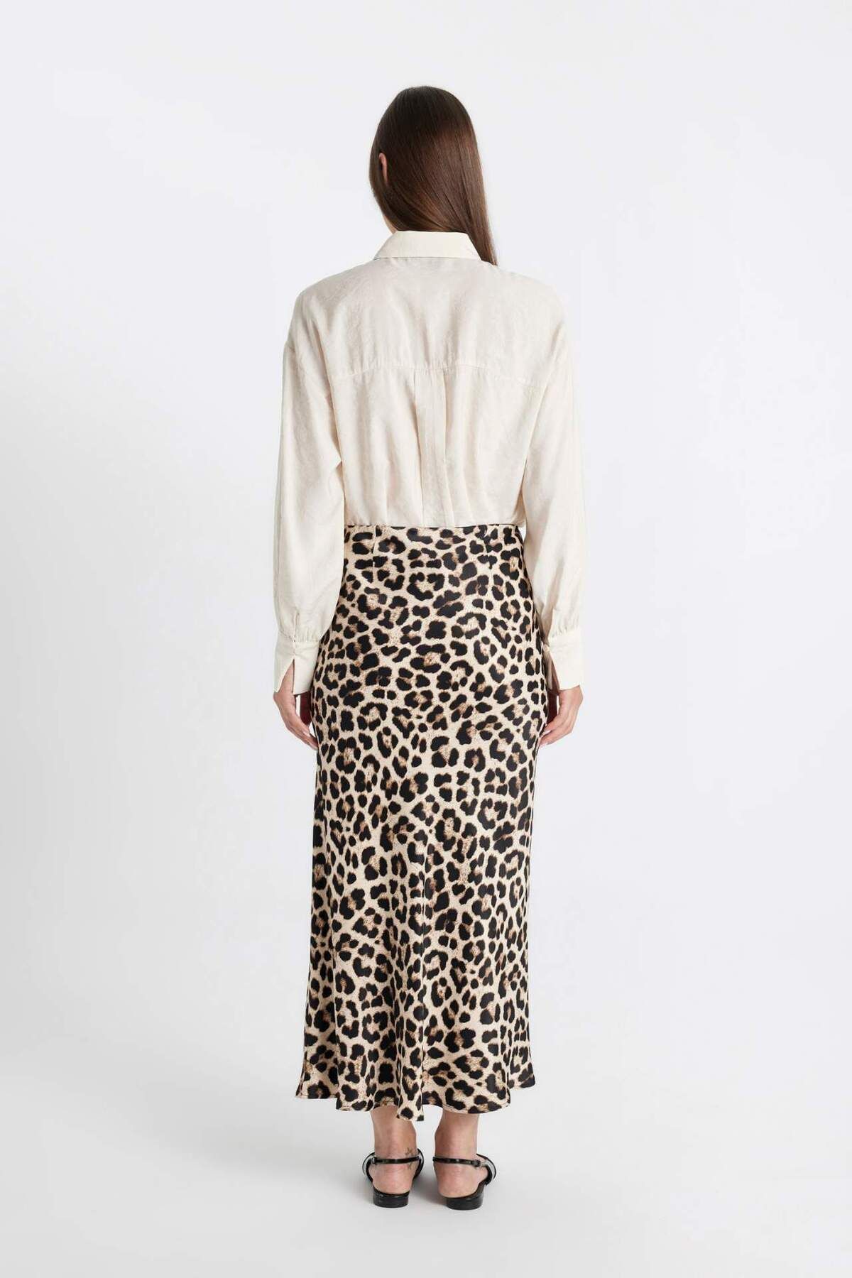 DeFacto-High Waist Leopard Patterned Satin Skirt - Long/Maxi Size D3905Axns 5