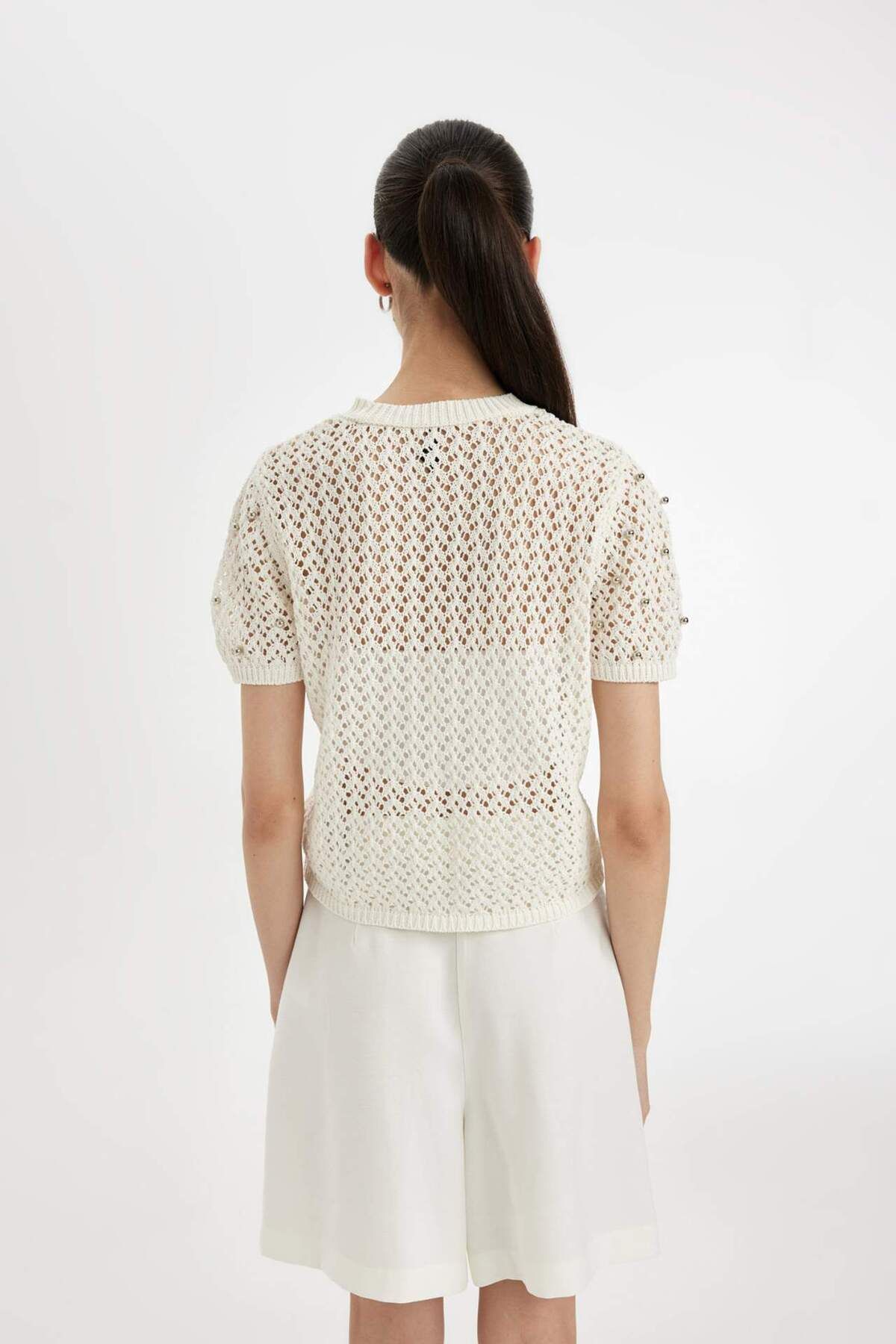 DeFacto-Regular Fit Crew Neck Crochet Short Sleeve Knitwear T-Shirt D4529Ax24Hs 5