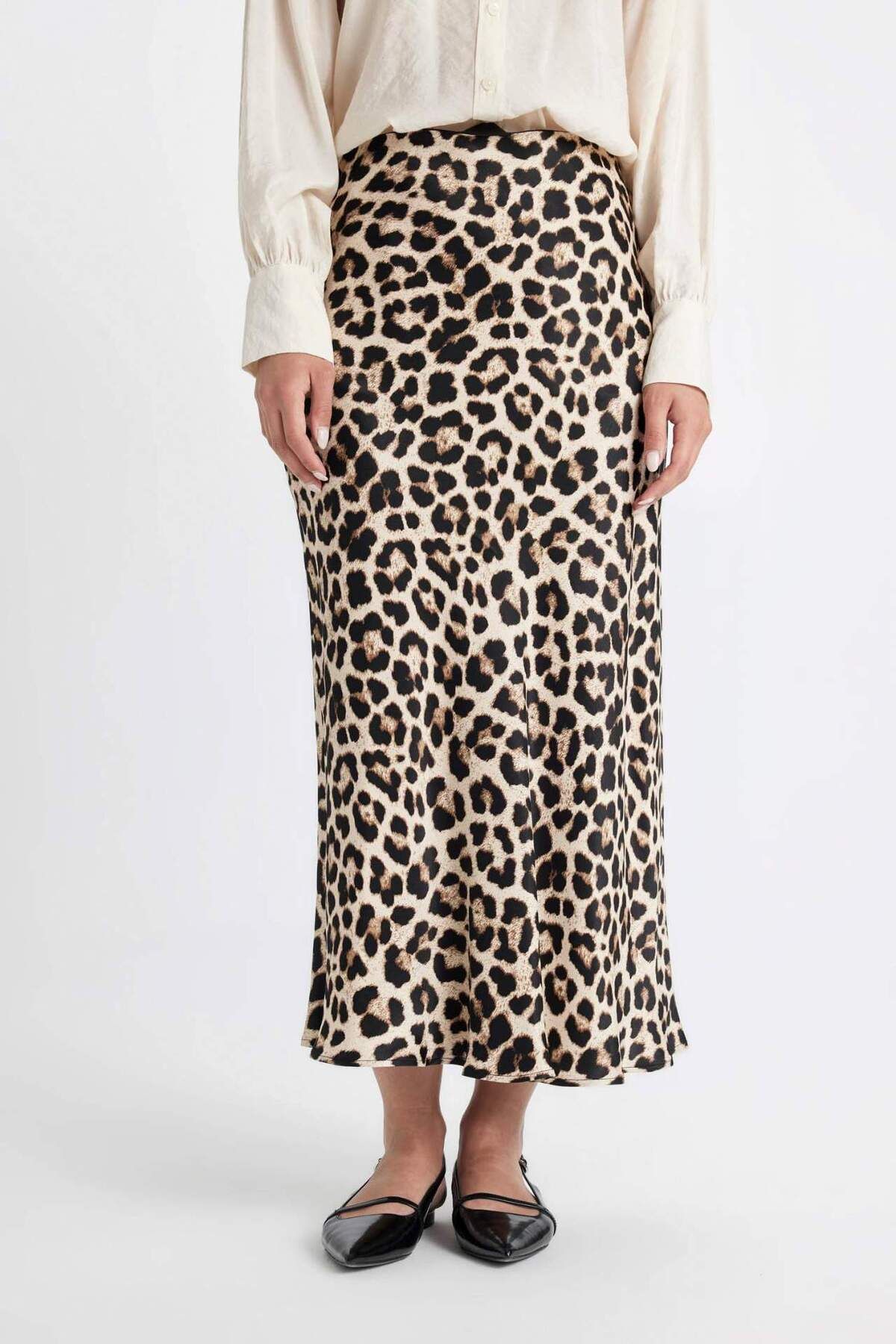 DeFacto-High Waist Leopard Patterned Satin Skirt - Long/Maxi Size D3905Axns 4