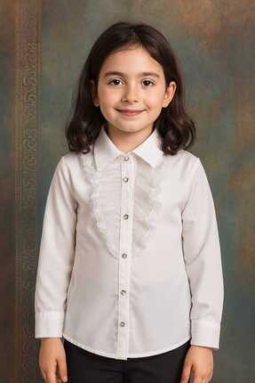 Elayza KIZ ÇOCUKLARI İÇİN ÖNÜ FIRFIRLI BEYAZ GÖMLEK/ 23 NİSAN OKUL GÖMLEĞİ 325