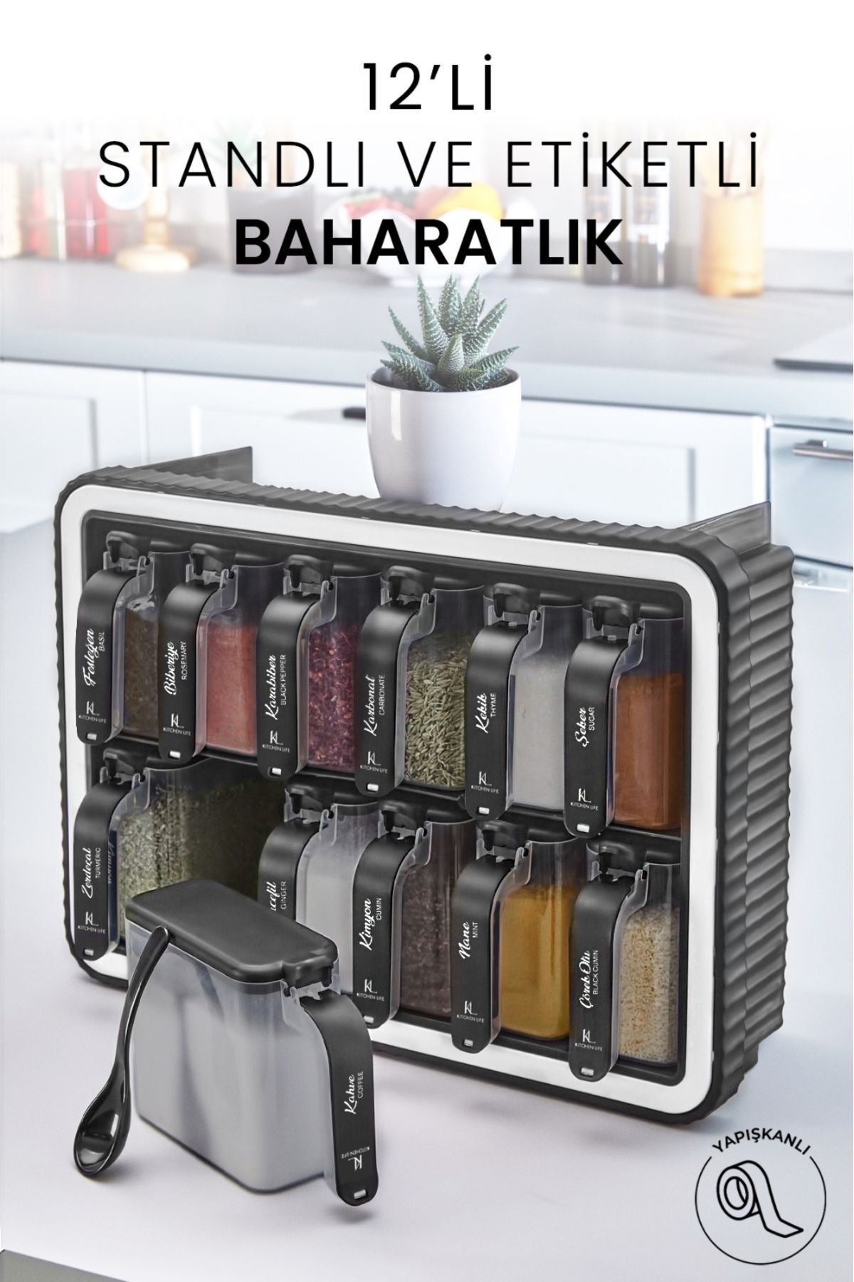NESS HOME-12-Piece Self-Adhesive Spice Rack Set with Spoon - Labeled Handle and Lid 4