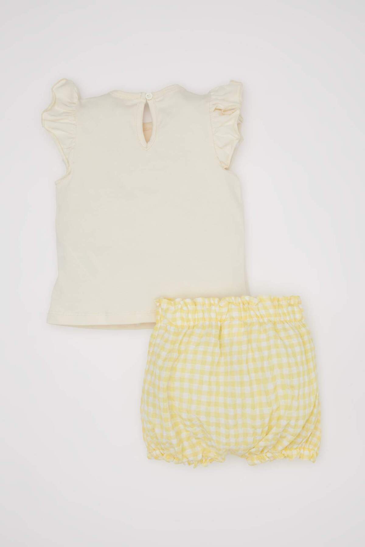 DeFacto-3-teiliges Set für Babys, Mädchen, Rundhalsausschnitt, bedruckt, ärmelloses T-Shirt, karierte Crinkle-Shorts, Haarband C8817A524SM 5