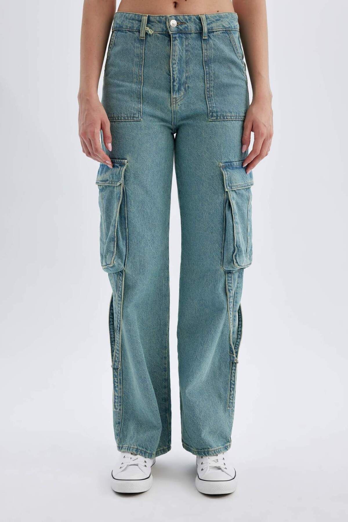 Wide Leg Kargo Yüksek Bel Uzun Jean Yıkamalı Pantolon D1228AX24HS