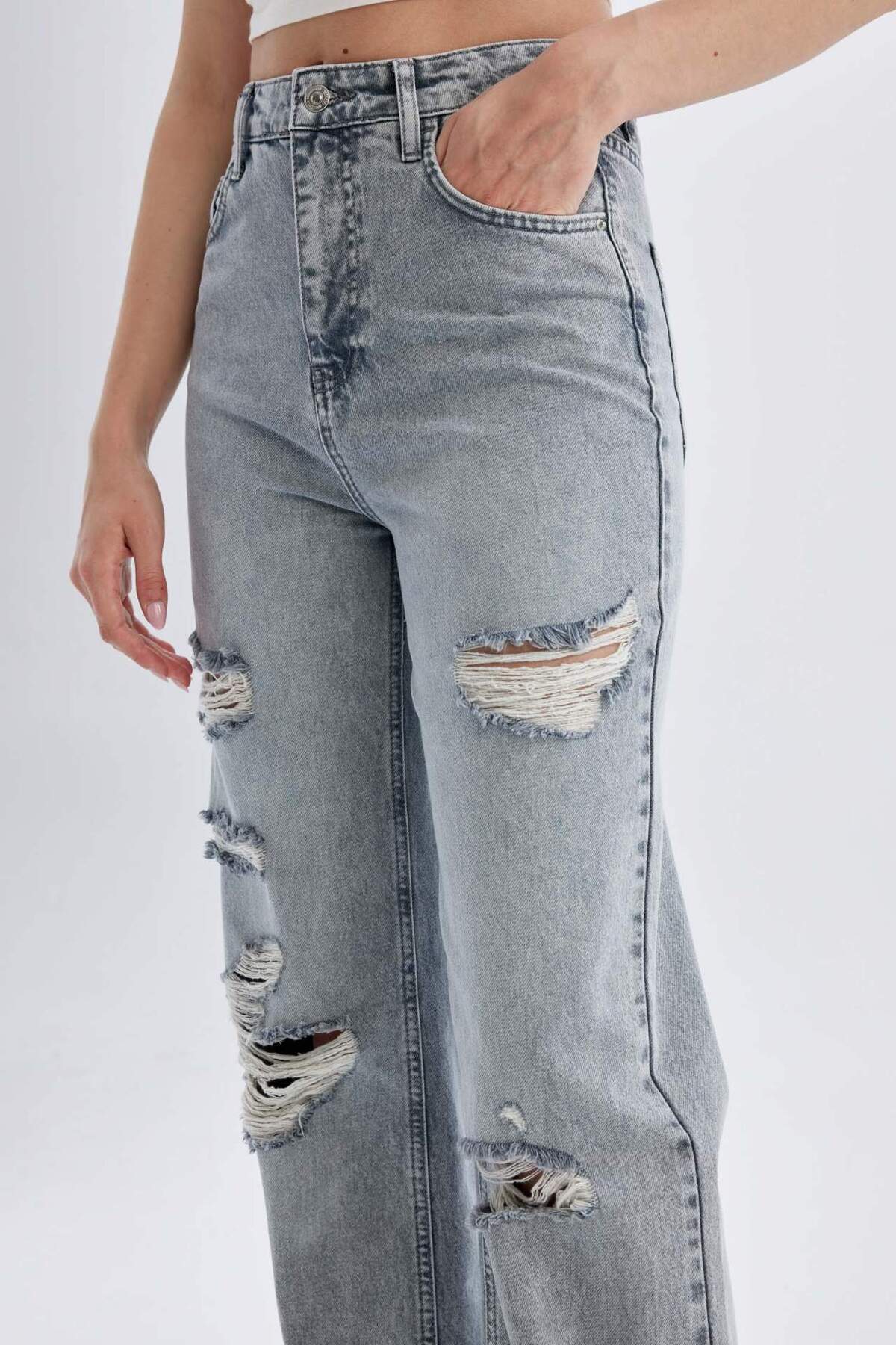 DeFacto-Pantaloni lungi de blugi spălați cu talie înaltă din anii 90 C8606AX24HS 4
