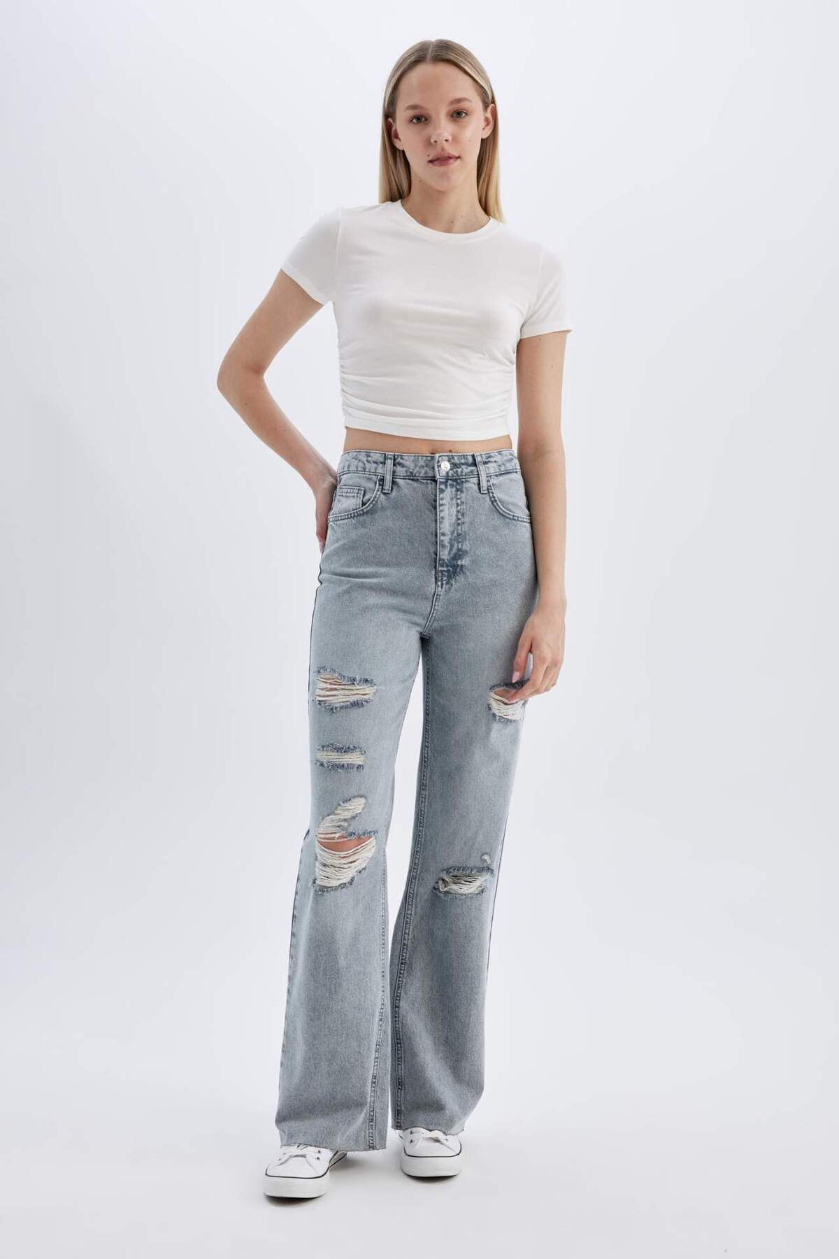 DeFacto-Pantaloni lungi de blugi spălați cu talie înaltă din anii 90 C8606AX24HS 3