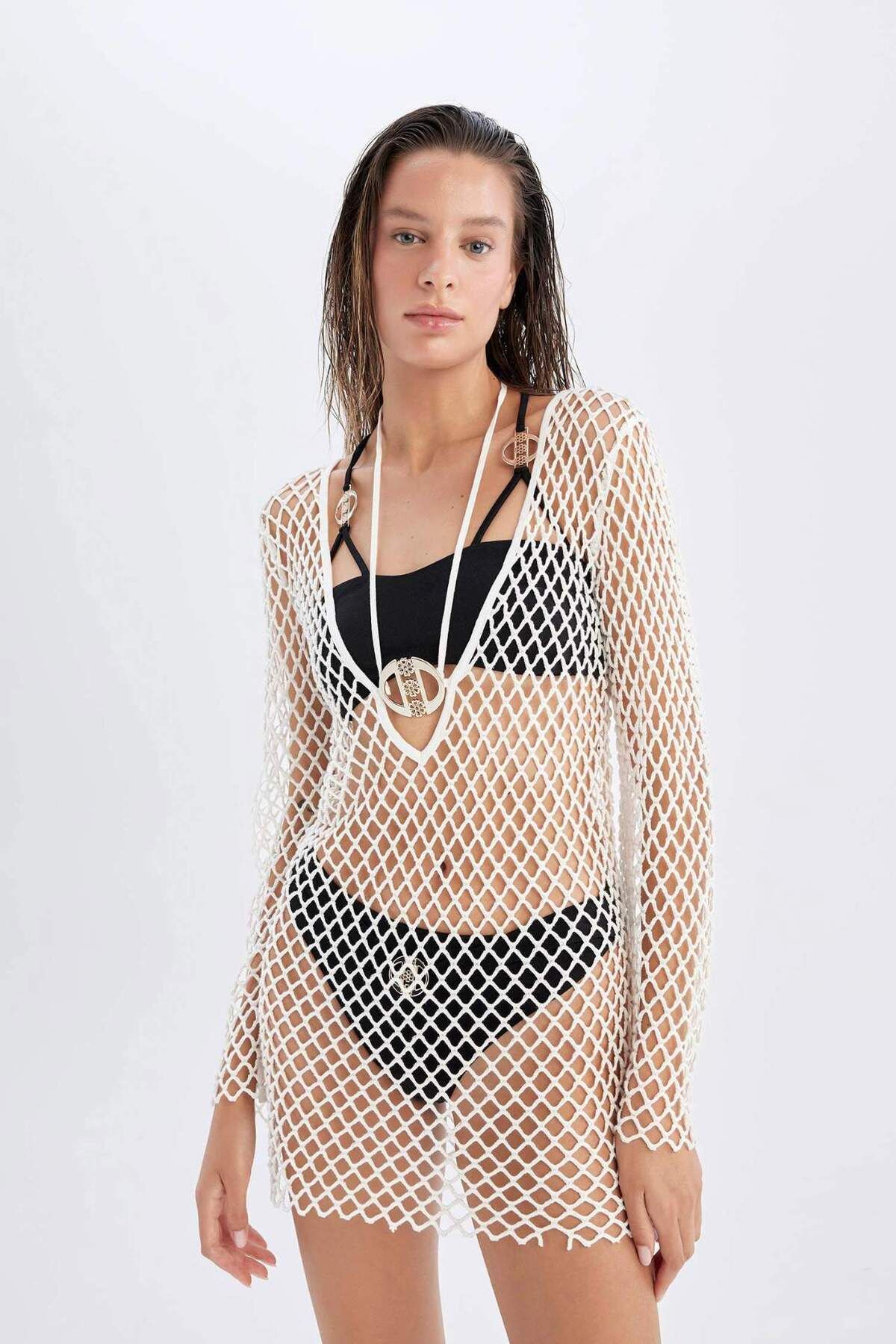 DeFacto-DeFacto Mesh Mini-Strandkleid - Langarm C5814AX24HS 2