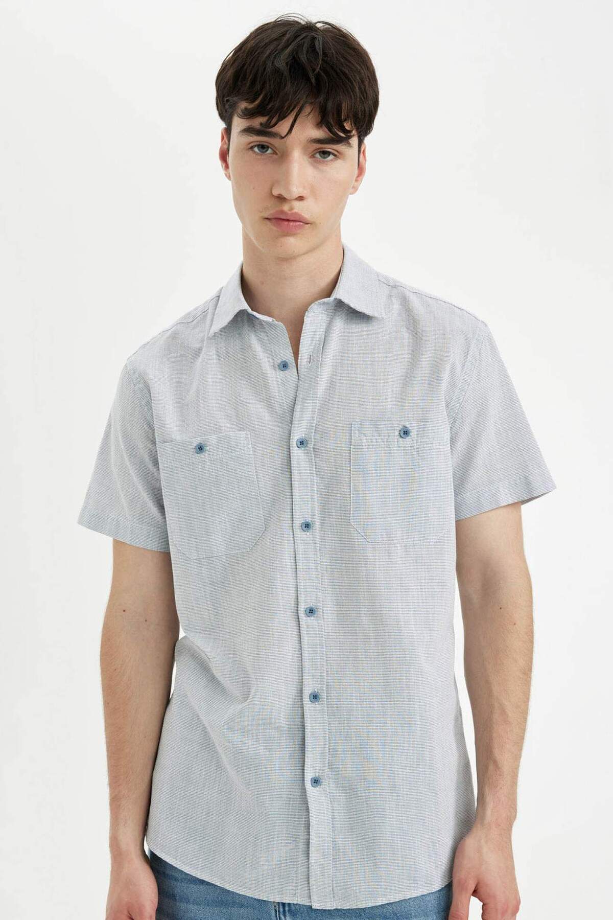 دفاکتو پیراهن آستین کوتاه نخی راه راه تابستانی Slim Fit Slim C7361AX24SM