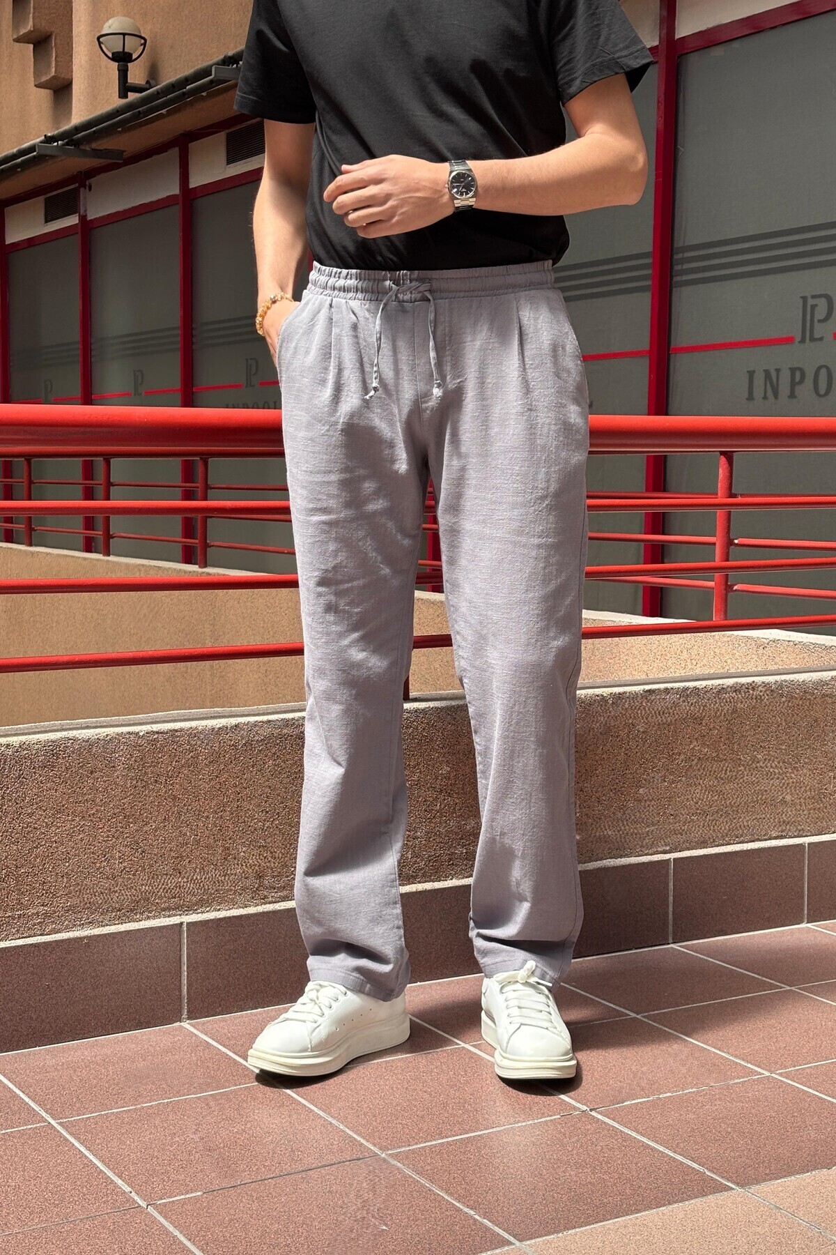 inpool-Male, Elastic Waist, Wide Cut, Linen Webbing, Cotton, Pleated Pants 302 3
