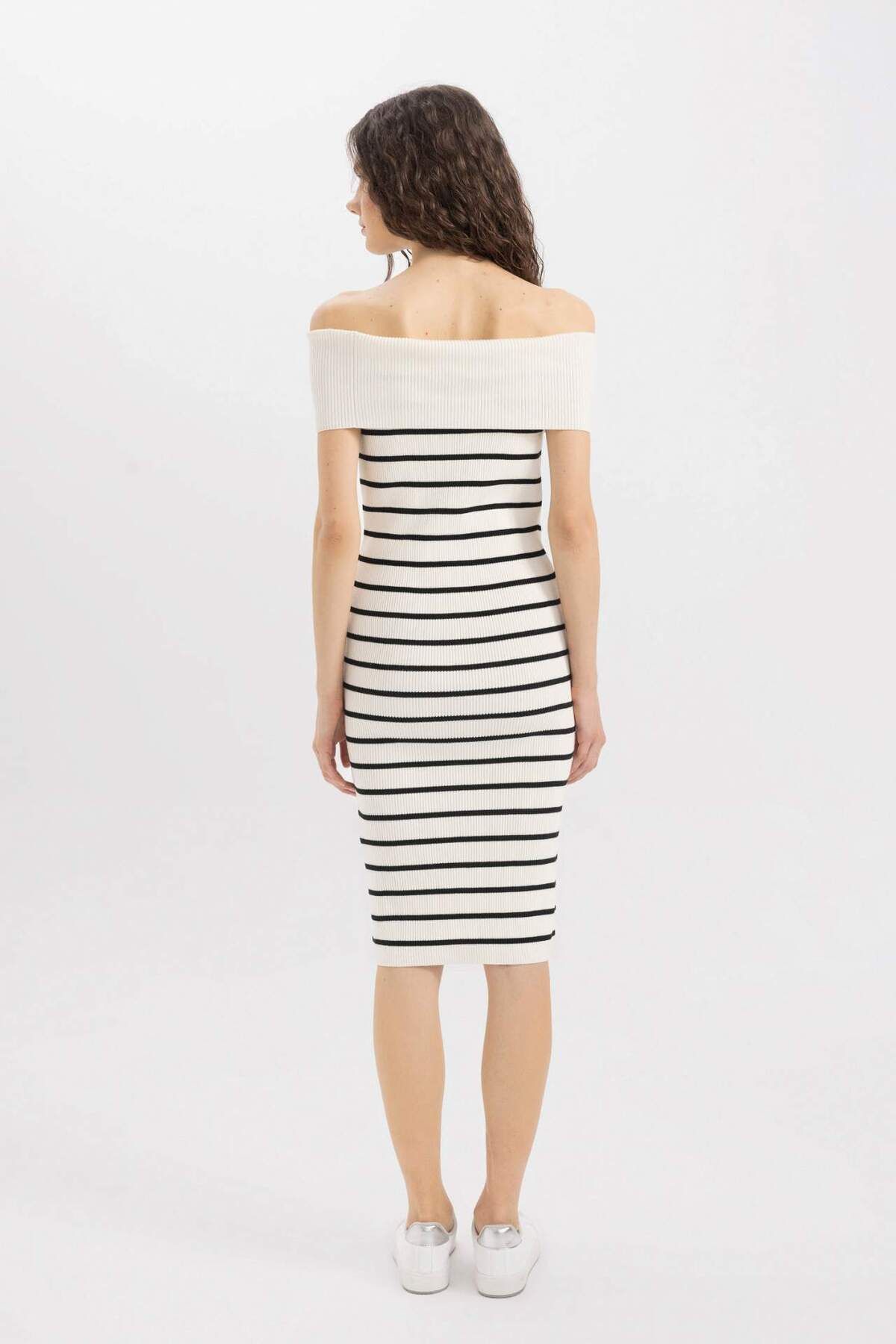 DeFacto-Rochie midi cu umăr deschis în dungi D2995AX24SM 6