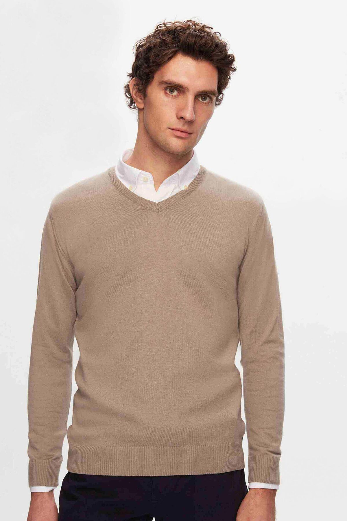 D'S Damat Ds Damat Regular Fit Bej Düz V Yaka Triko Kazak — بژ 5HF06ORT12003
