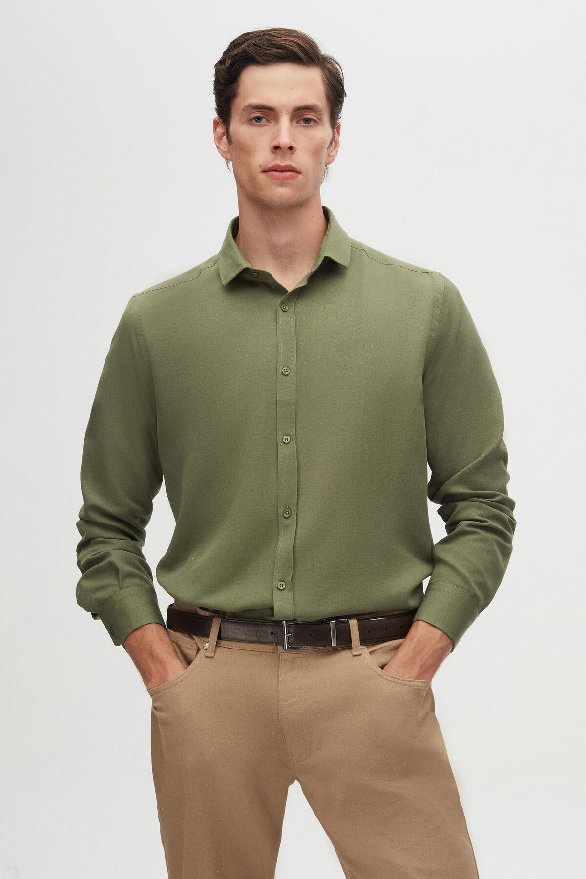 Twn-Slim Fit Khaki színű férfi ing 2