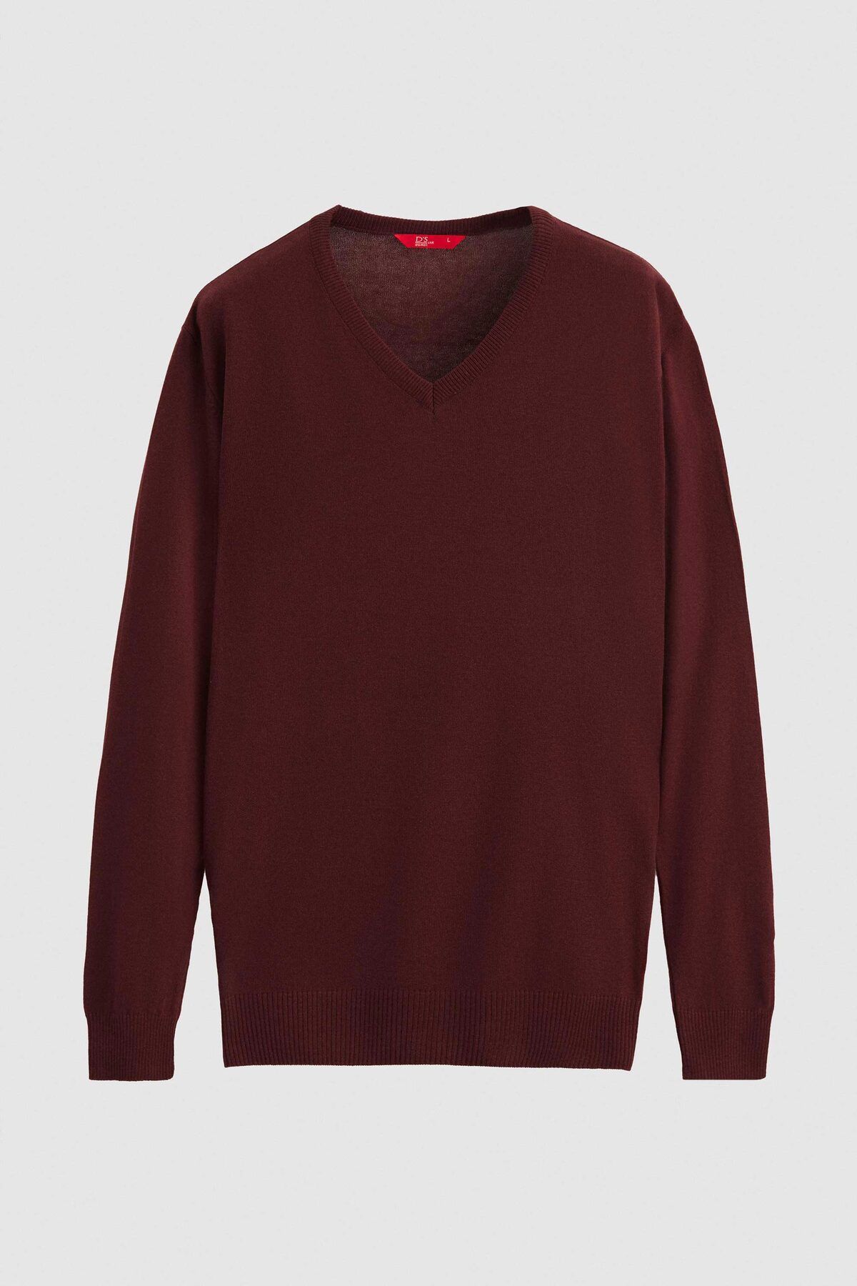 D'S Damat-Ds Damat Regular Fit Claret Red Pulover simplu cu decolteu în V 5