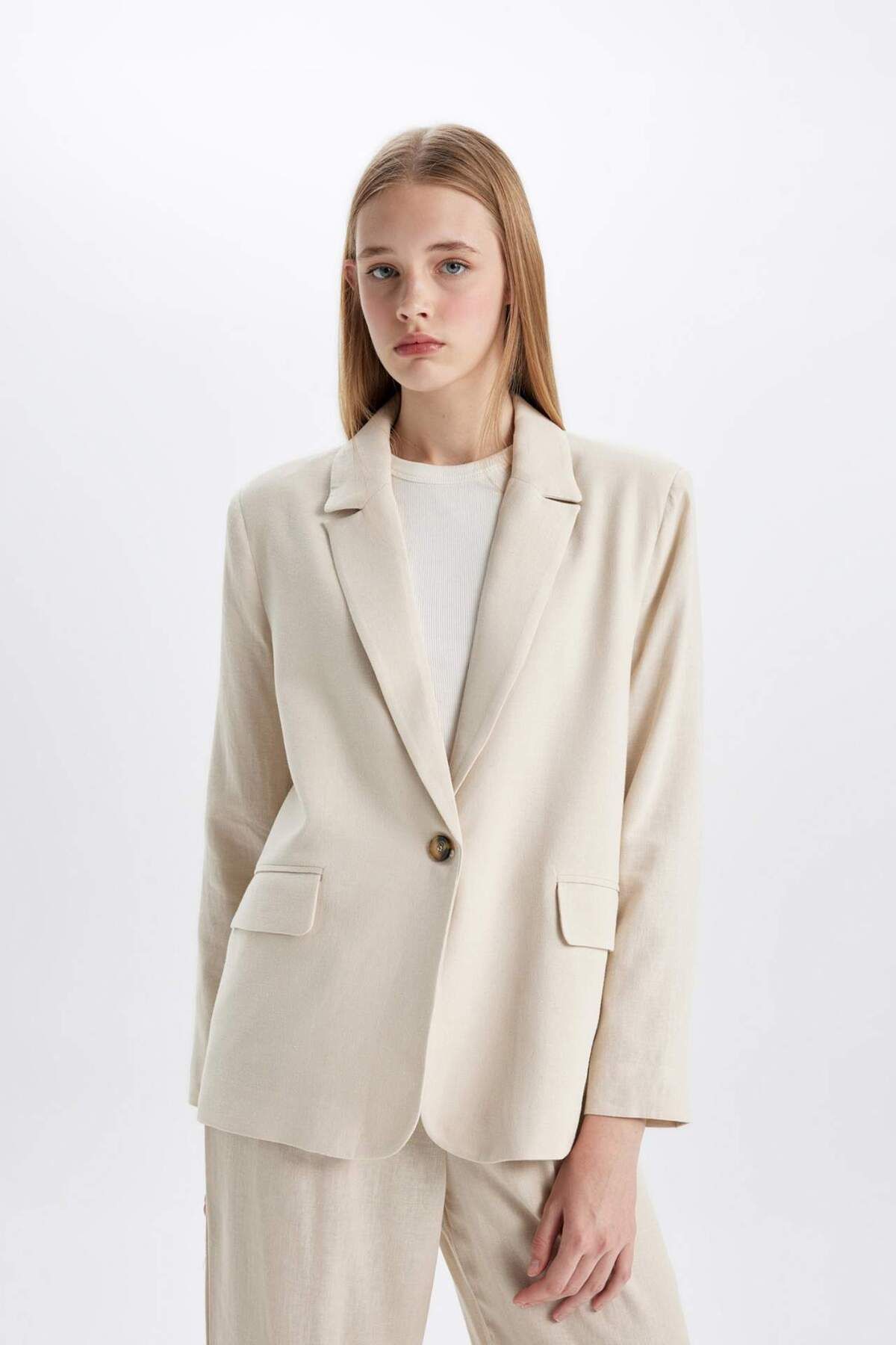 DeFacto-Regular Fit Double Breasted Lapel Linen Blend Button down Blazer Jacket Z8528Az24Sm 5