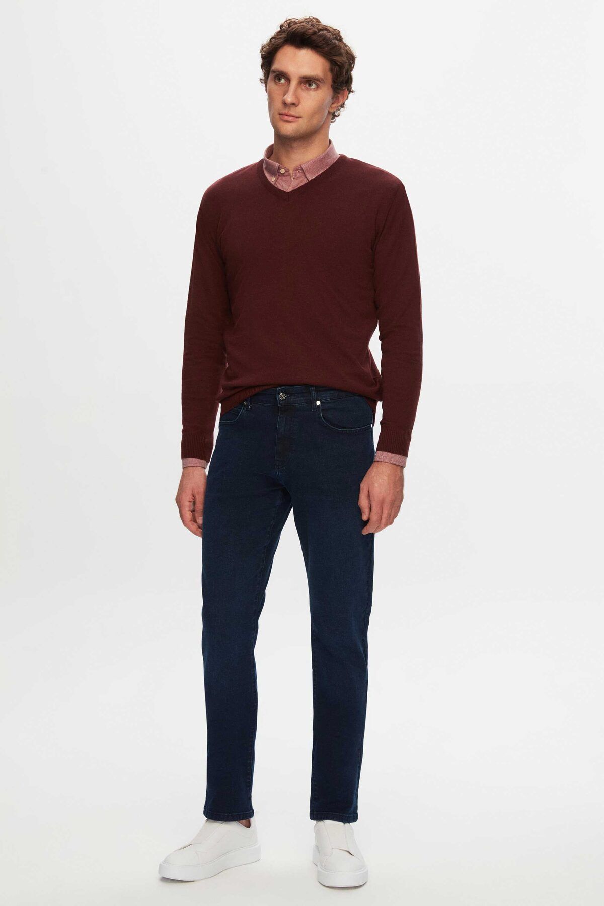 D'S Damat-Ds Damat Regular Fit Claret Red Pulover simplu cu decolteu în V 3