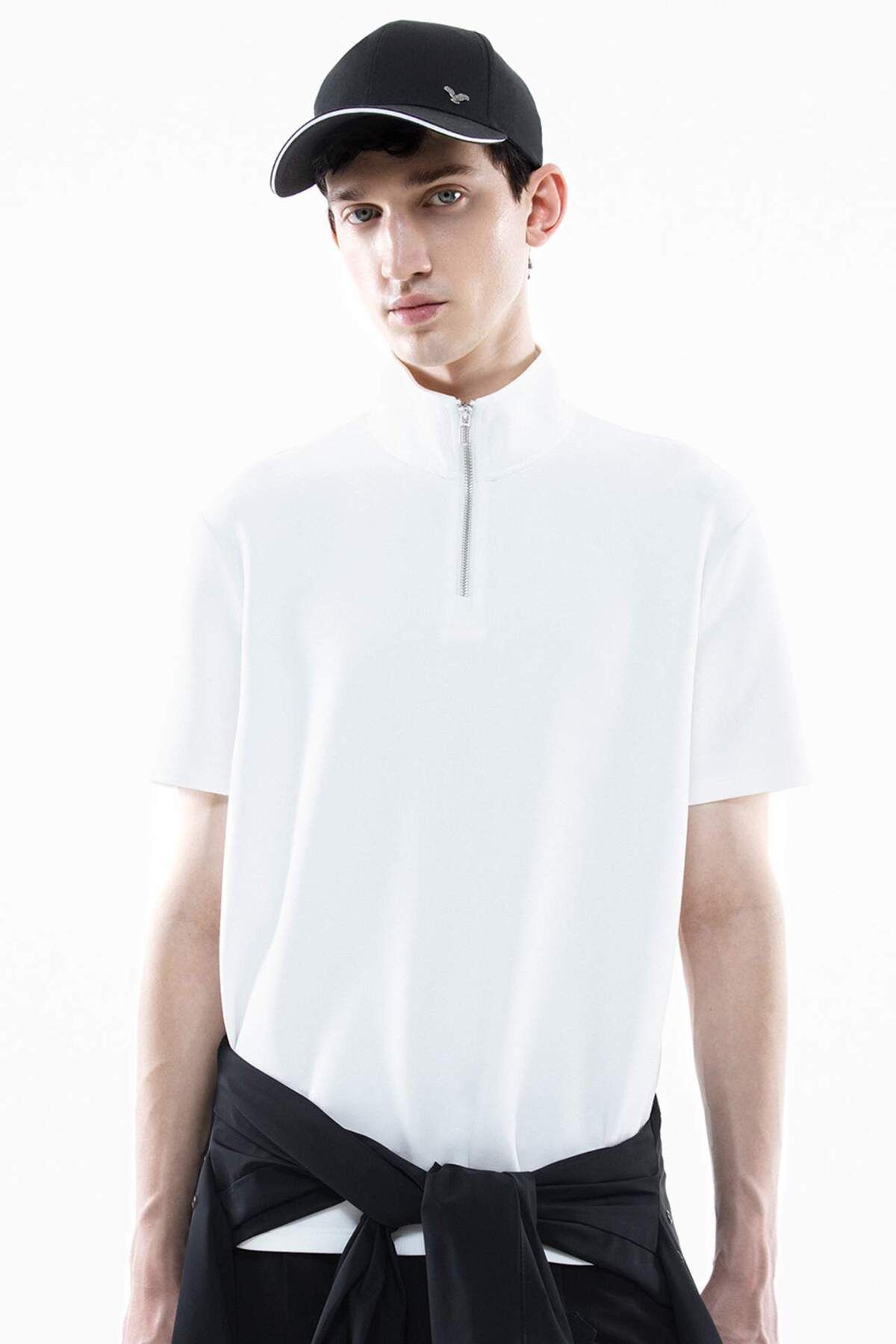 DeFacto-Regular Fit Stand Collar Modal Blend Half Zip Heavy Fabric Short Sleeve T-Shirt B6502Ax24Sp 1
