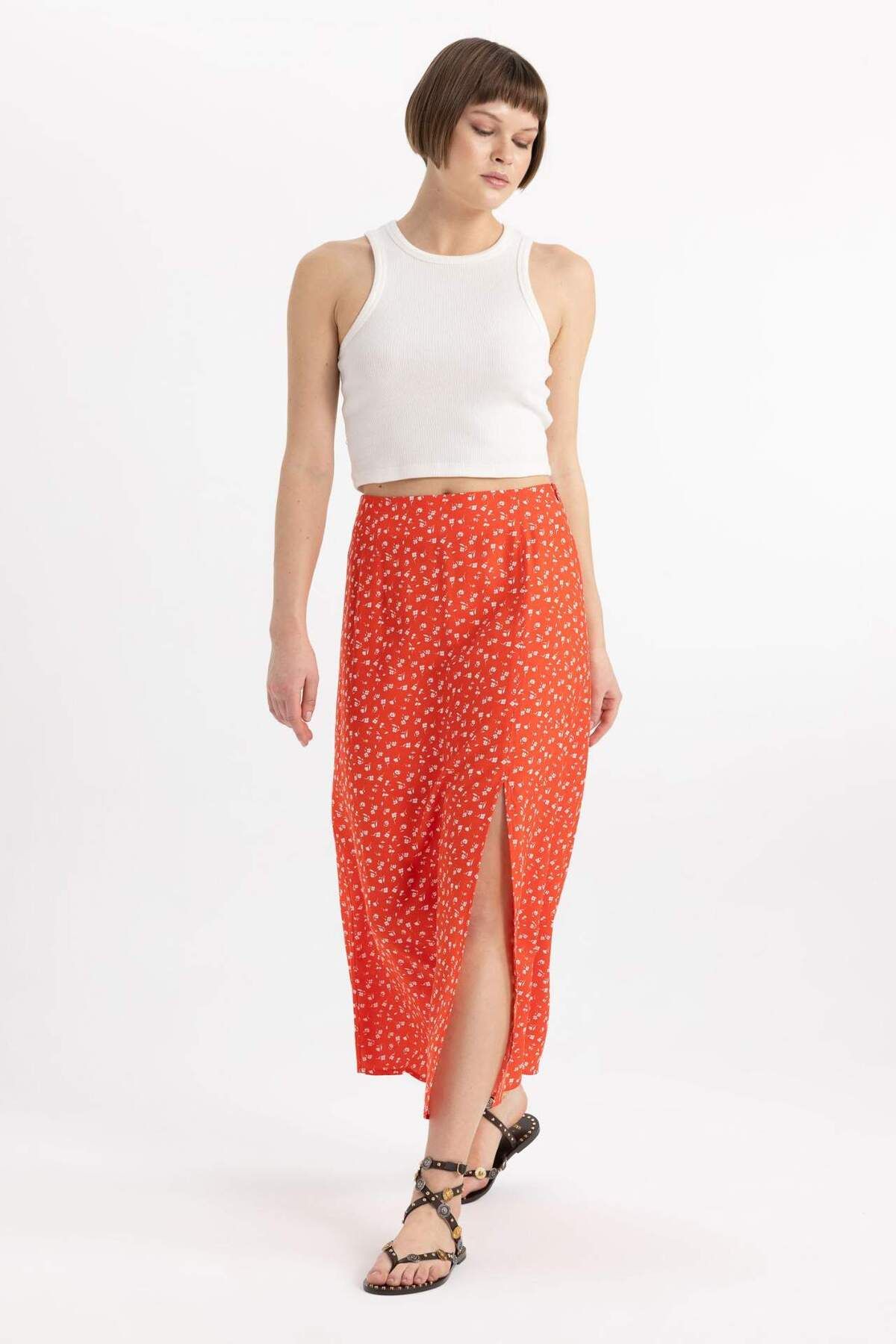 DeFacto-A-Line Floral Regular Waist Slit Midi Skirt X6692Az24Sm 2