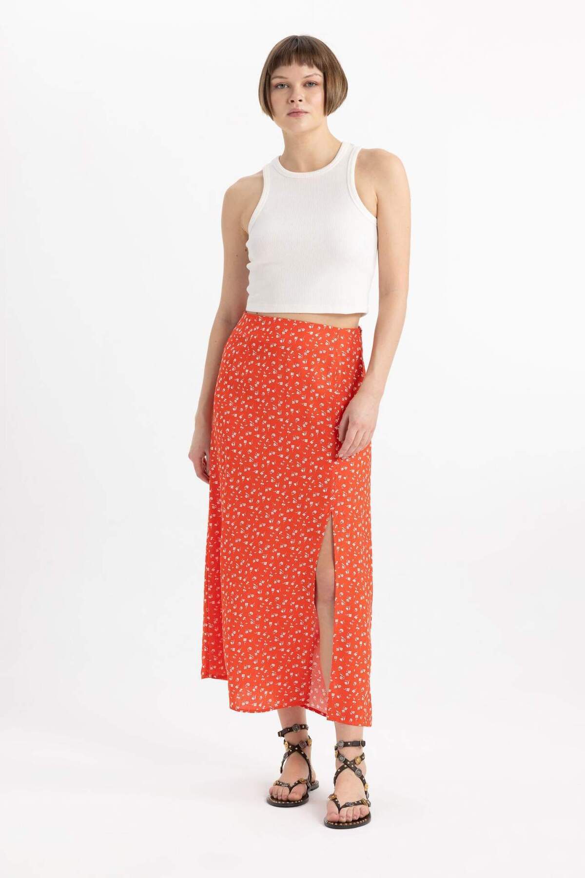 DeFacto-A-Line Floral Regular Waist Slit Midi Skirt X6692Az24Sm 3