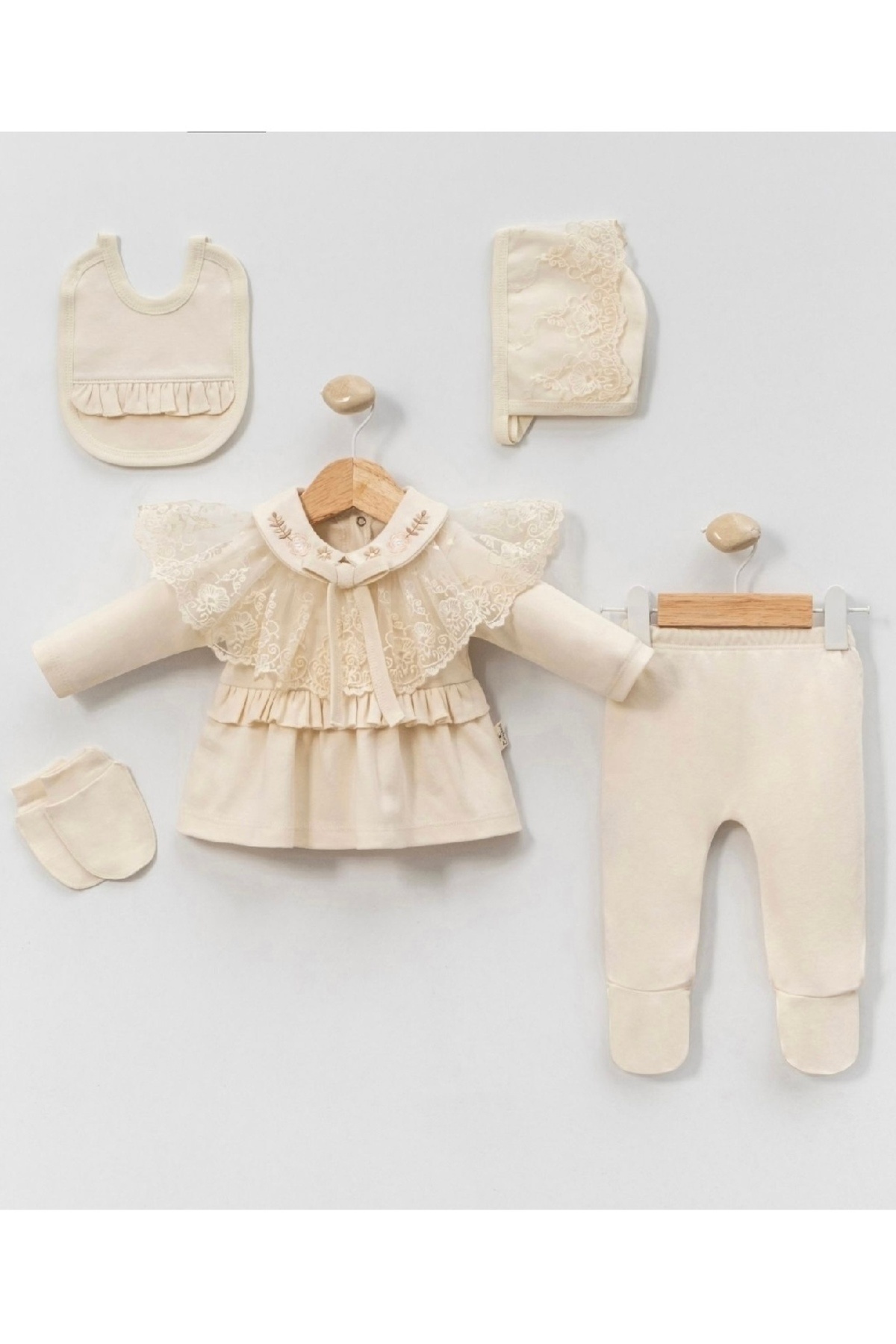 Cherub Baby Mobil Dantel Yaka Tüllü Kız Bebek Yenidoğan 5 Parça Hastane Çıkışı Zıbın Seti fotoğrafı 3 (önizleme)