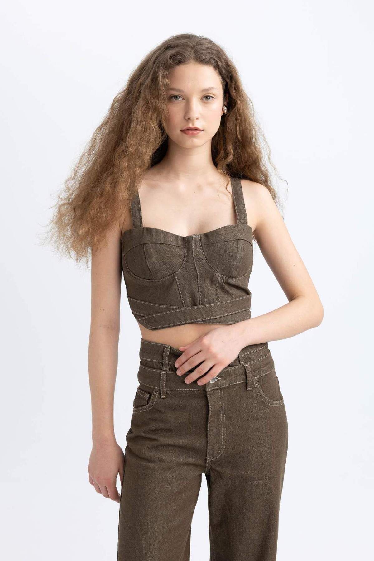 DeFacto-Crop-Korsett-Jeansbluse mit dickem Riemen C5695AX24SP 3