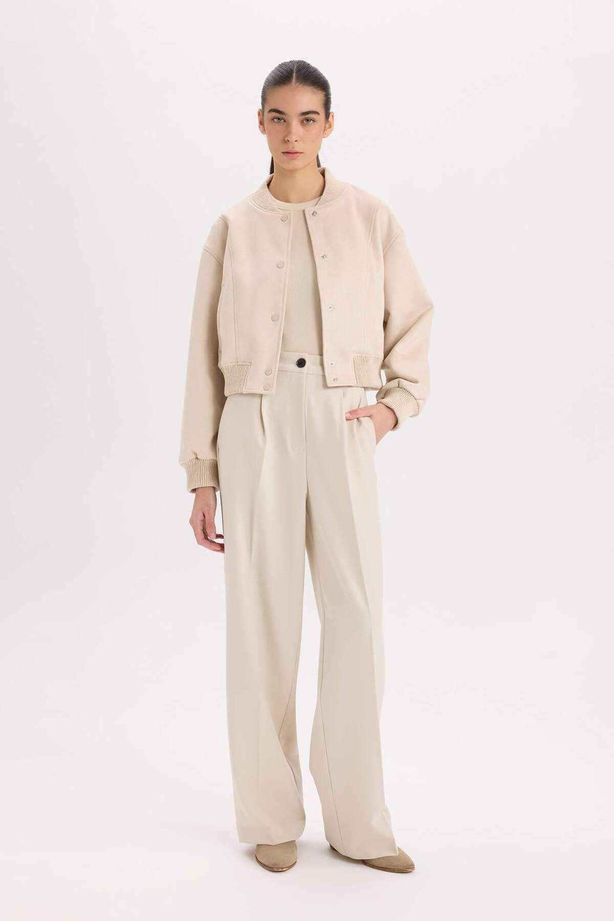 DeFacto-College Collar Bomber Coat Jacket Basic Plain Snap Fastener Suede B8822Ax24Sp 2