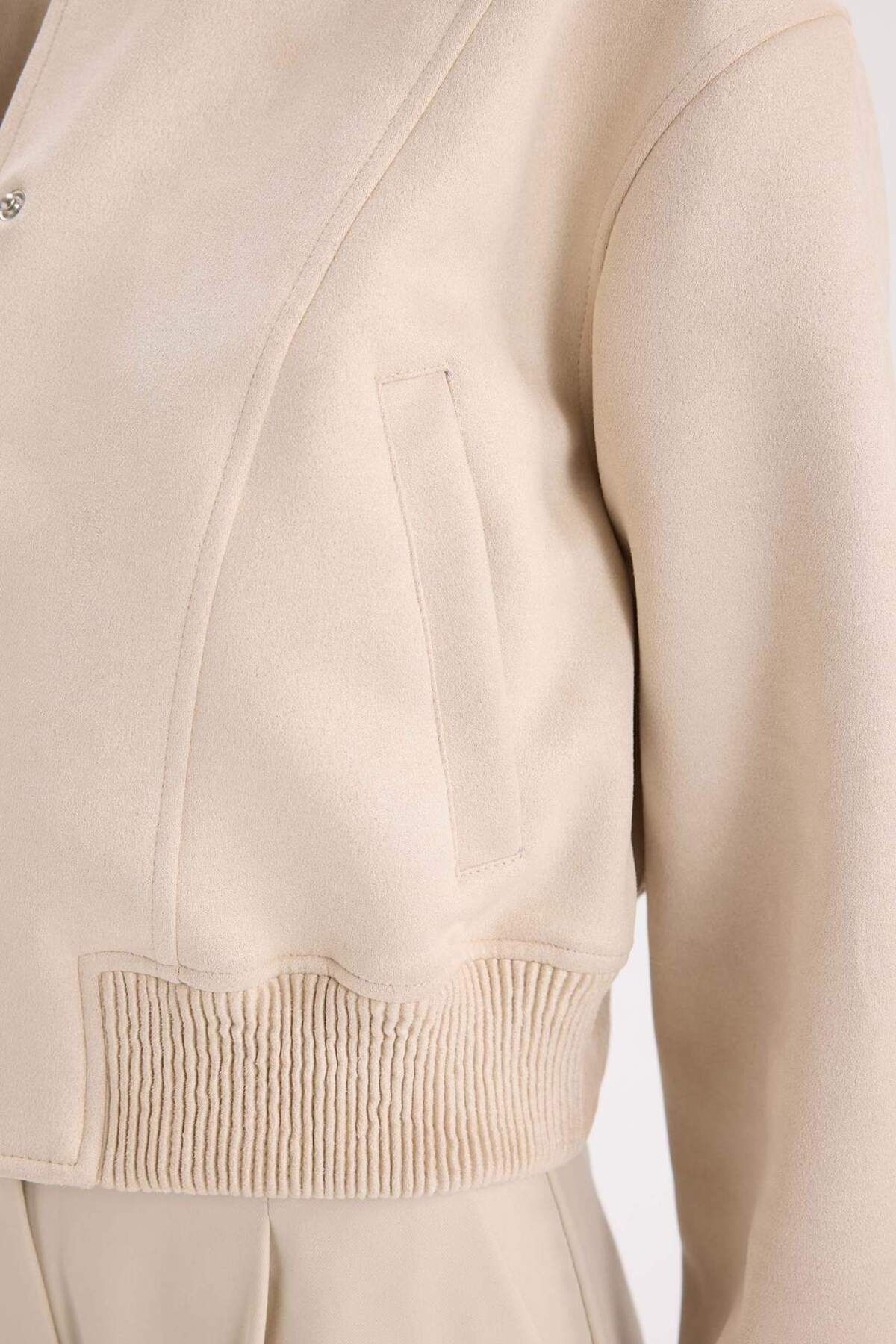 DeFacto-College Collar Bomber Coat Jacket Basic Plain Snap Fastener Suede B8822Ax24Sp 5