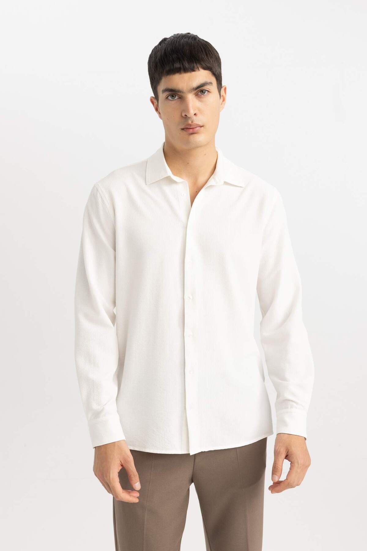DeFacto-Modern Fit Polo Collar Basic Plain Crinkle Long Sleeve White Shirt B7384Ax24Sp 3