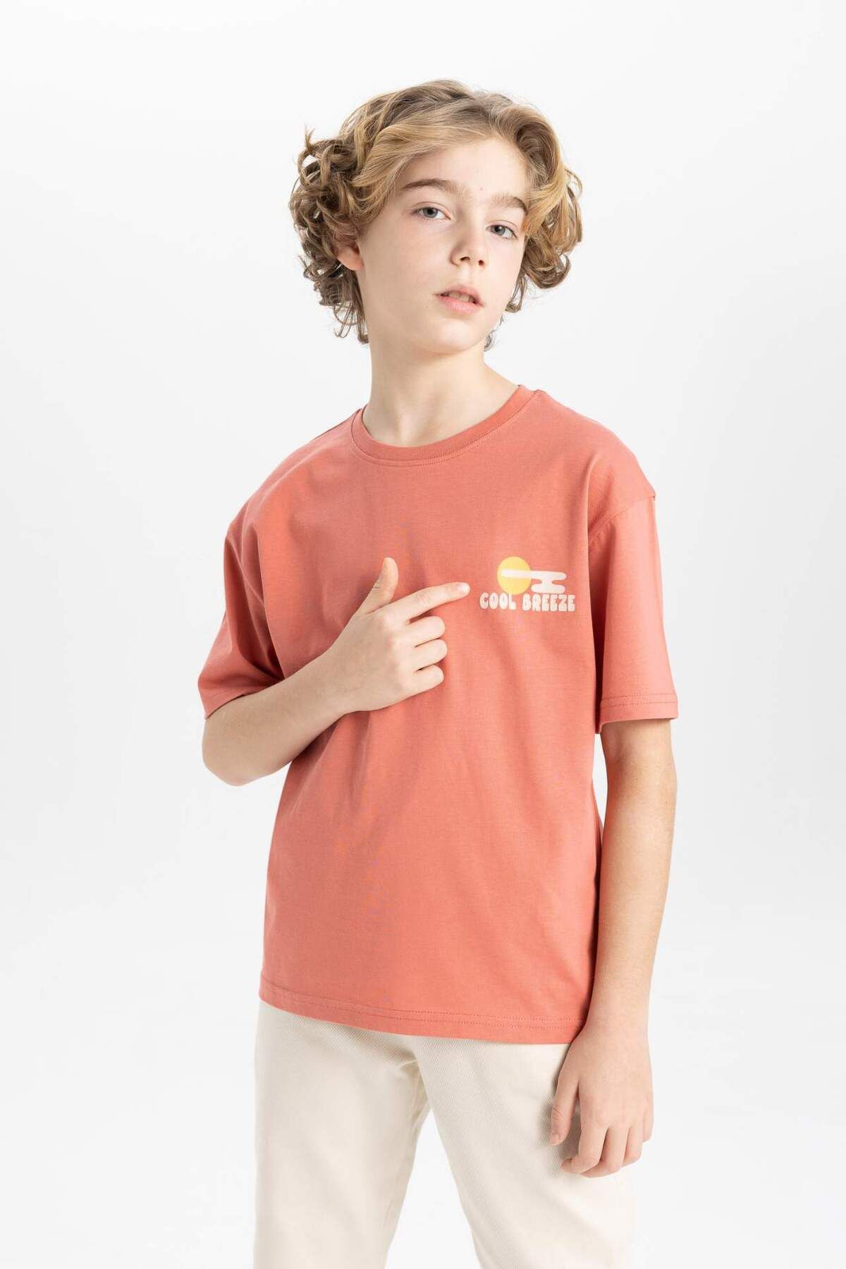 DeFacto-Tricou cu mânecă scurtă cu imprimeu pe spate pentru băiat oversize cu decolteu lat B8894A824SM 5