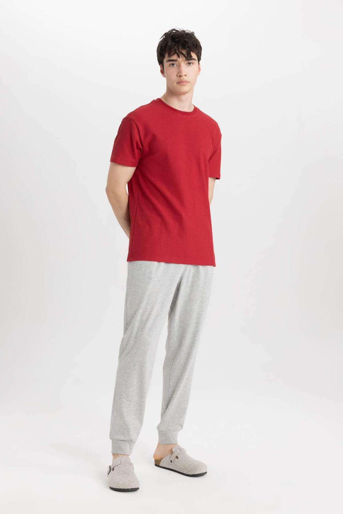 DeFacto-Regular Fit Pajama Set Basic Plain Short Sleeve Top Elastic Waist Long Bottom B7277Ax24Sp 2
