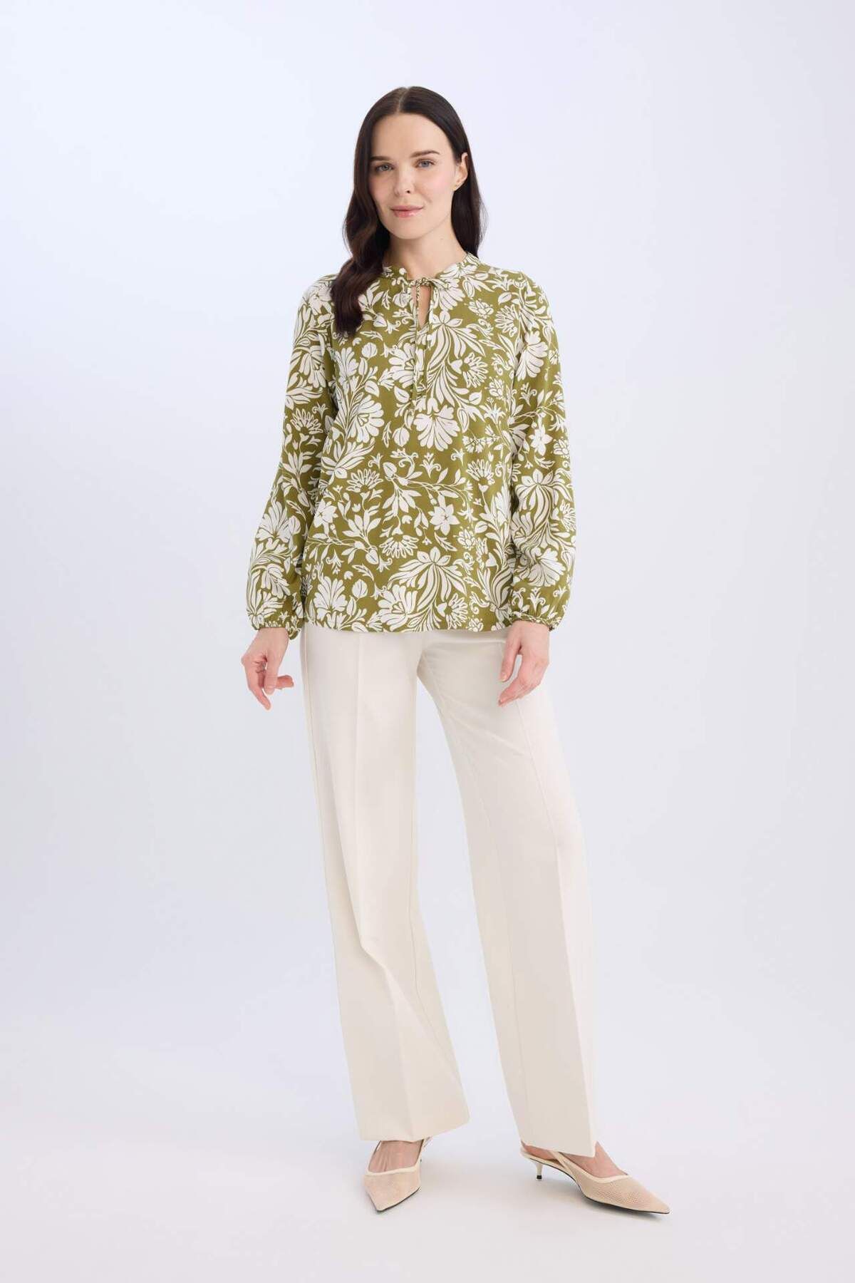 DeFacto-Regular Fit Lace-Up Collar Pattern Long Sleeve Blouse N1809Az24Sp 2