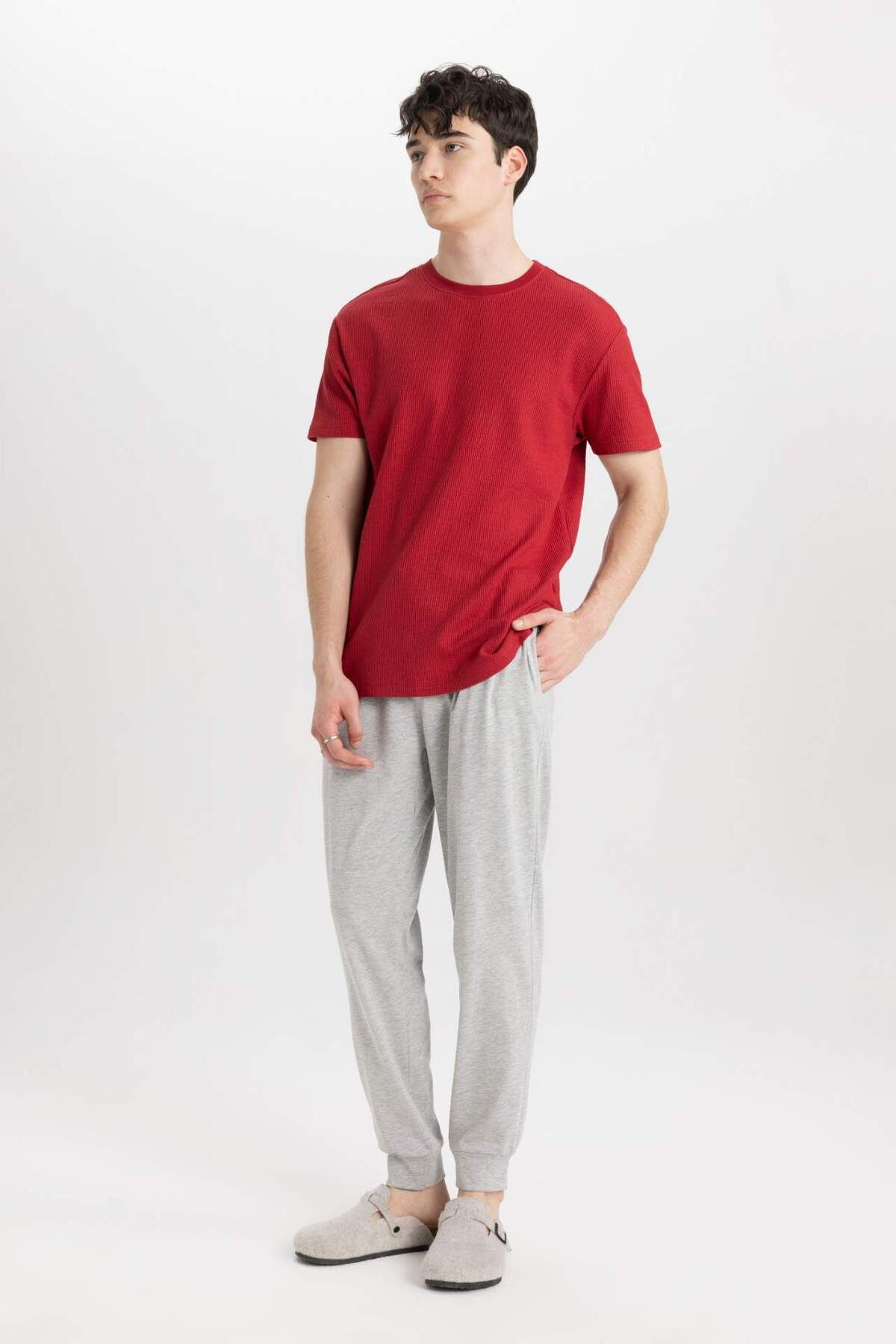 DeFacto-Regular Fit Pajama Set Basic Plain Short Sleeve Top Elastic Waist Long Bottom B7277Ax24Sp 3