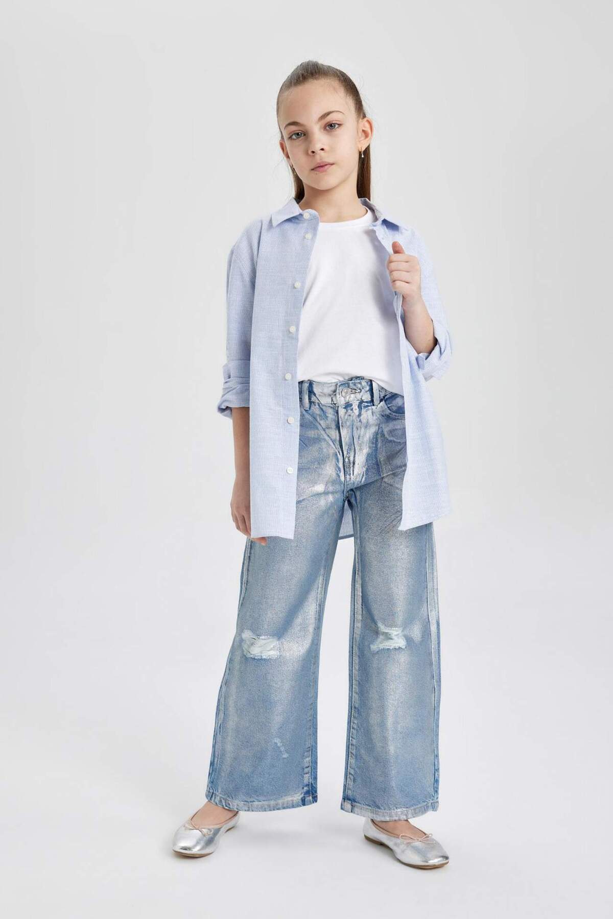 DeFacto-Pantaloni de blugi cu picioare largi rupte pentru fete C1989A824SP 3
