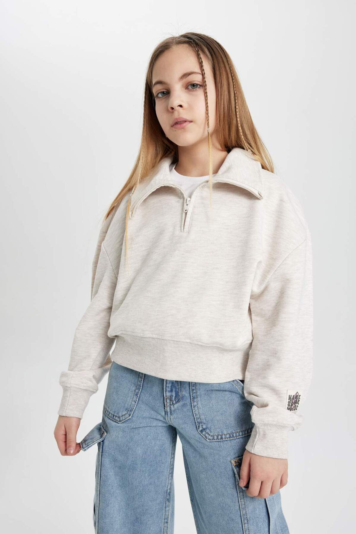 DeFacto-Girl's Collared Half Zip Sleeve Printed Sweatshirt C1036A824Sp 3