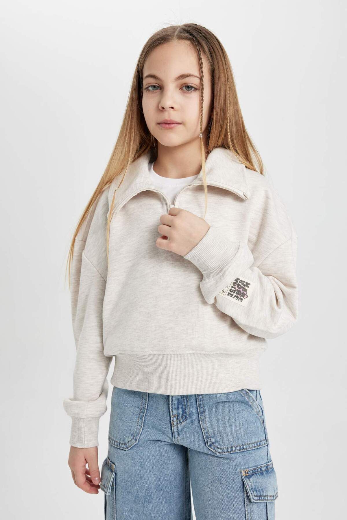 DeFacto-Girl's Collared Half Zip Sleeve Printed Sweatshirt C1036A824Sp 4
