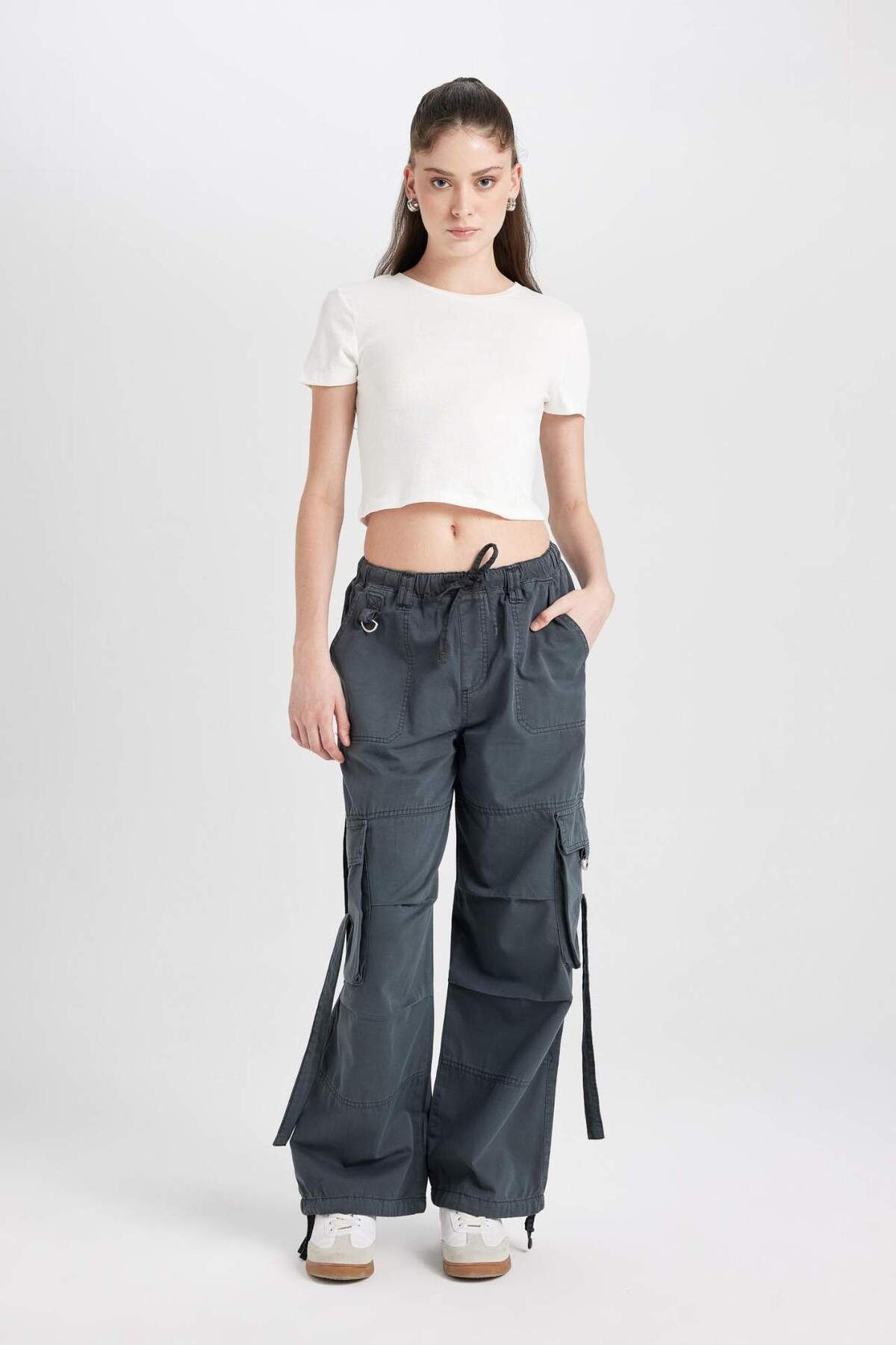 DeFacto-Wide Leg Gabardine Trousers - Straight Lace-Up, Regular Waist, Cargo Pocket B1205Ax24Sp 2
