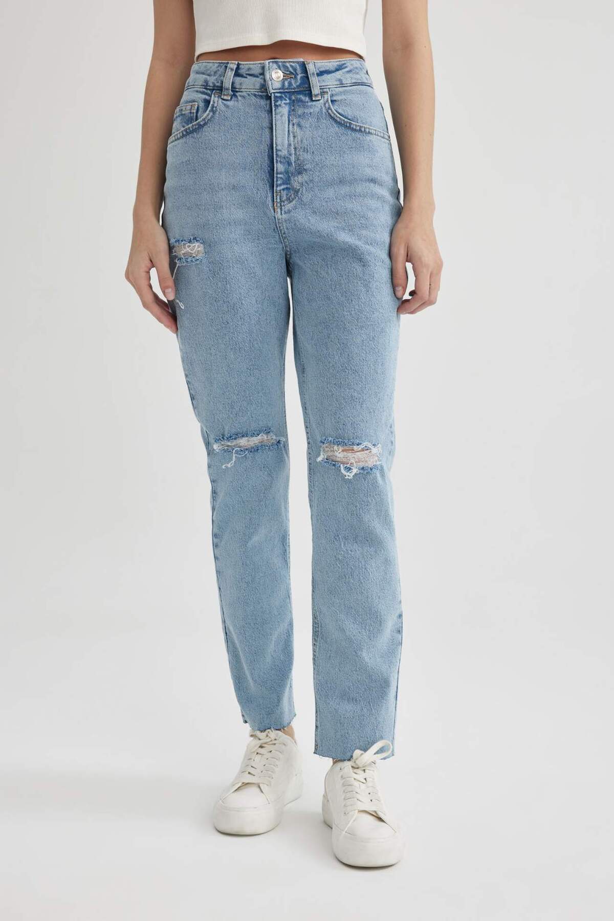 Mary Vintage Straight Fit Yırtık Detaylı Yüksek Bel Paça Ucu Kesik Bilek Boy Jean Yıkamalı Pantolon